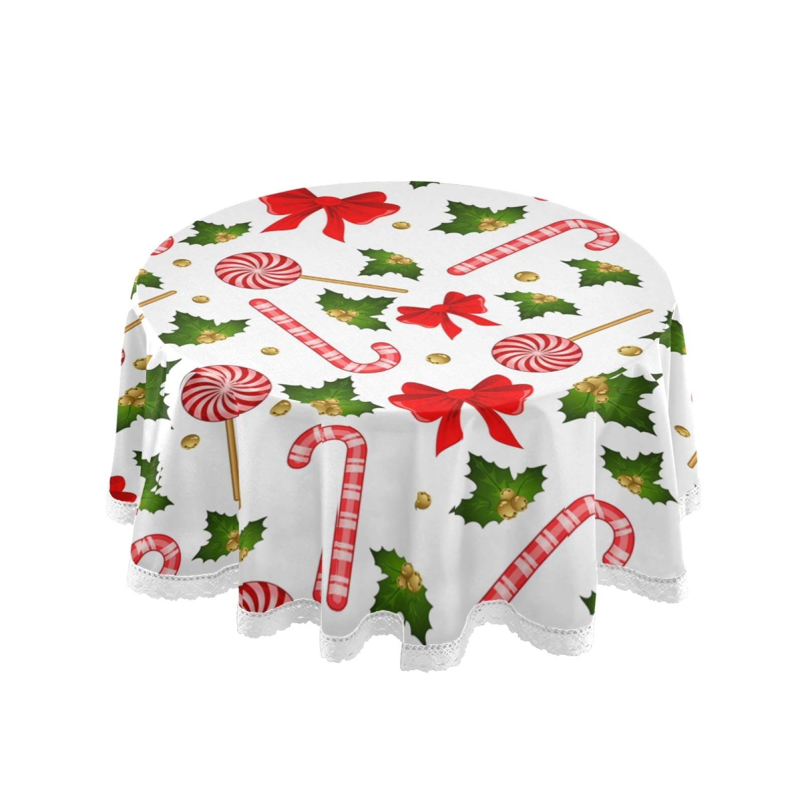 SUABO 60 Inch Round Christmas Tablecloth - Holly & Candy Cane Pattern Washable Polyester Table Cover for Holiday Parties, Dinner, Restaurant Decor | Perfect for Christmas Celebrations, Family Gatherings & Festive Dining