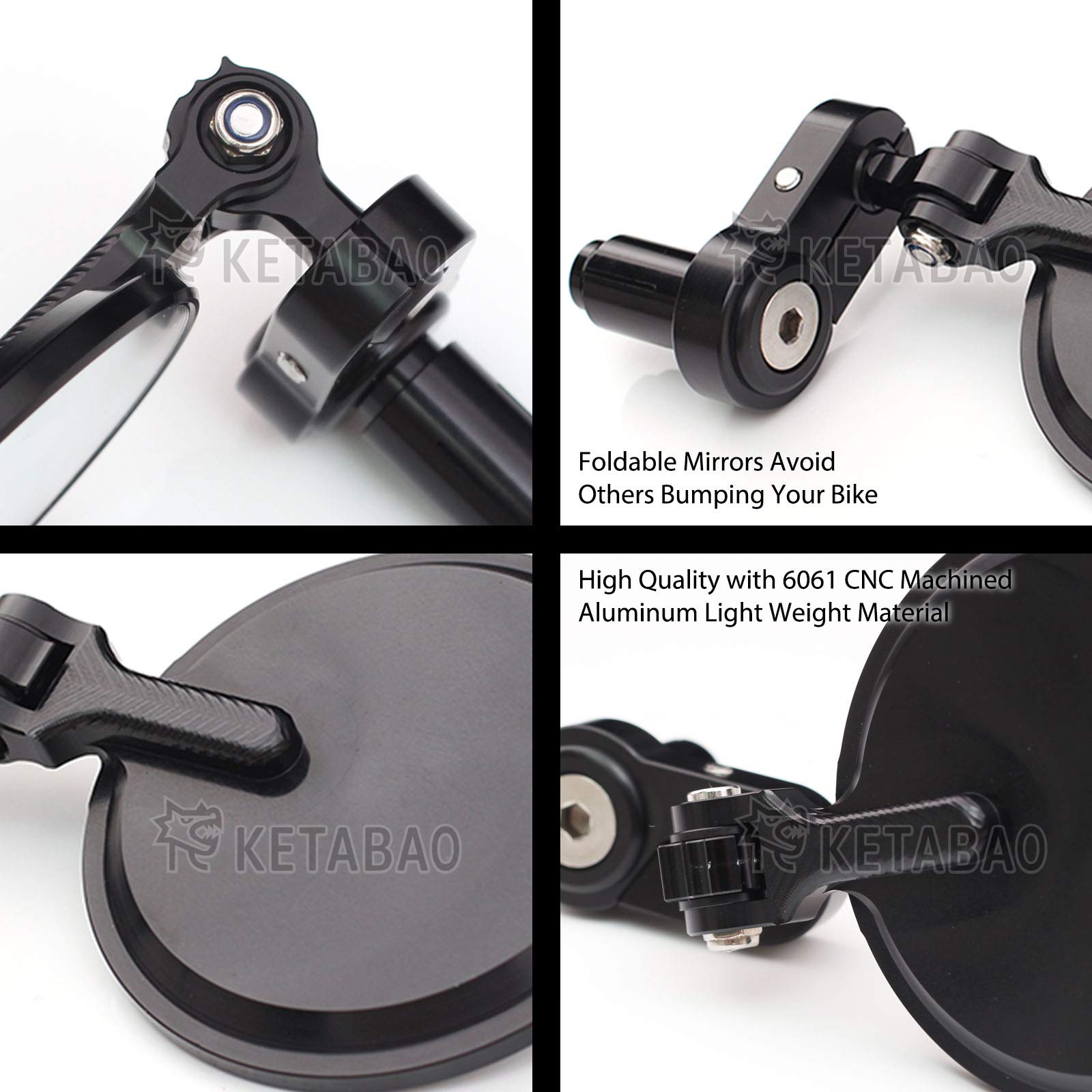 KETABAO CNC Black Folding Motorcycle Handlebar End Mirrors - 7/8