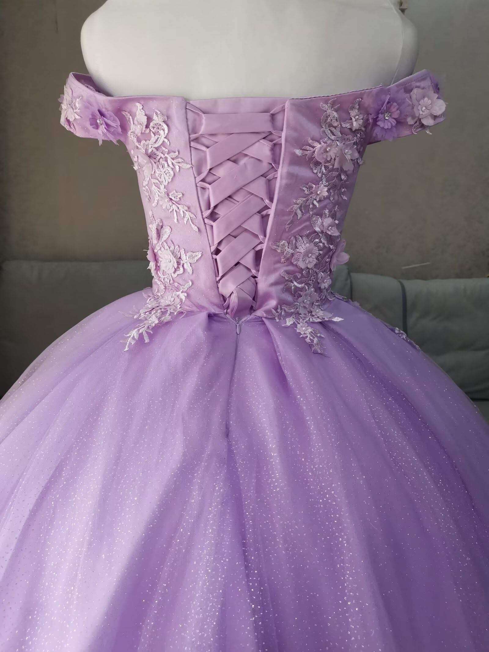 Elegant Long Prom Dress with Off-the-Shoulder Design | Quinceañera Ball Gown with 3D Handmade Tulle Flowers | Sweet 16 Dresses for Formal Dances & Special Occasions