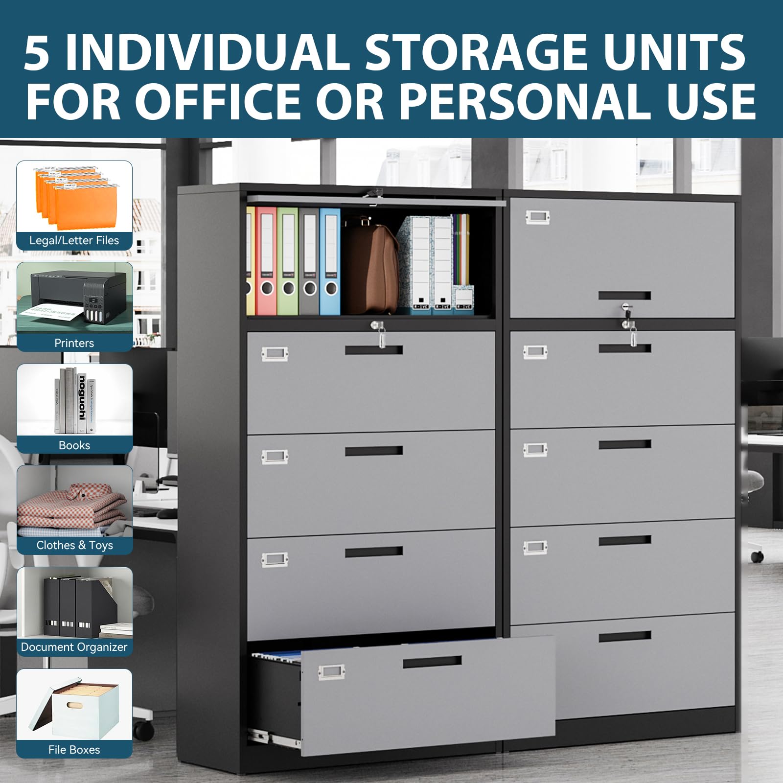 MIIIKO 4 Drawer Metal File Cabinet with Shelf & Flip Door - 5 Tier Lateral Filing Cabinet with Lock, 36