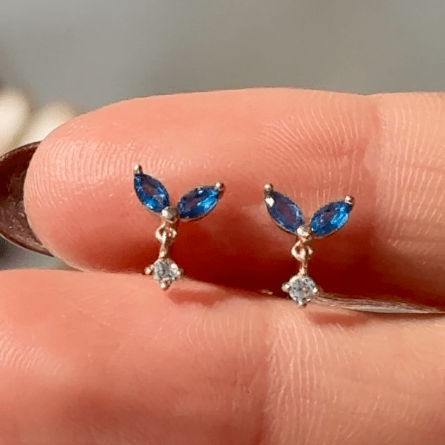 14K Yellow Gold Blue Topaz Double Marquise Drop Stud Earrings – Elegant Flat Back Design for Women, Perfect for Weddings, Parties & Everyday Wear
