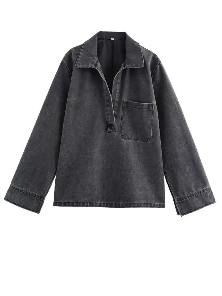 Big Size Blue Denim Shirt & Wide Leg Pants Two-Piece Suit for Women - Lapel Long Sleeve Fashion Outfit for Spring/Autumn 2025 (Style 1DH6390) | Perfect for Office Wear, Casual Outings & Special Occasions