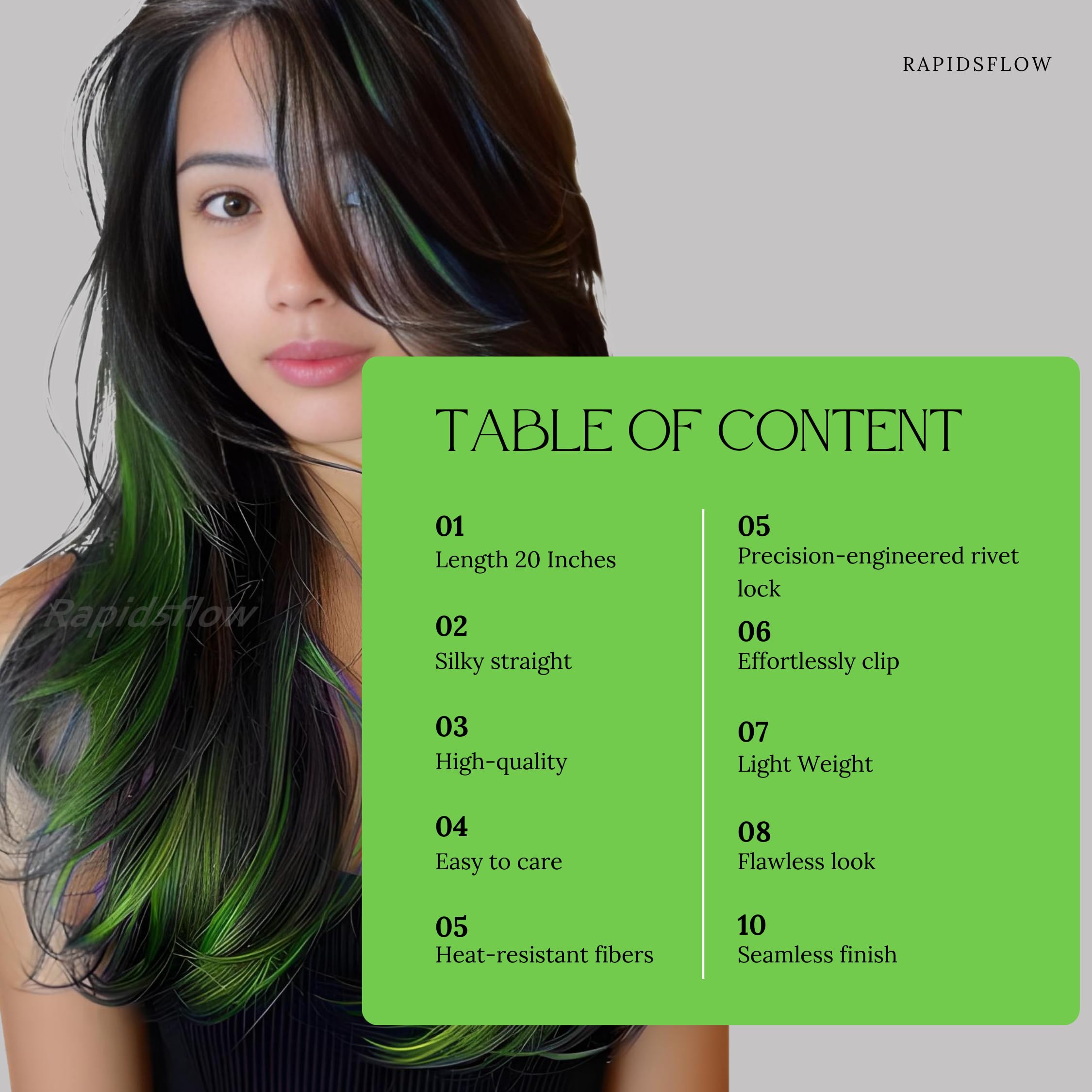 Rapidsflow® Straight Colored Hair Streak Extensions for Women & Girls - 4pc Set of Real Human Hair Highlights in Green - Perfect for Parties, Cosplay & Fashion Styling