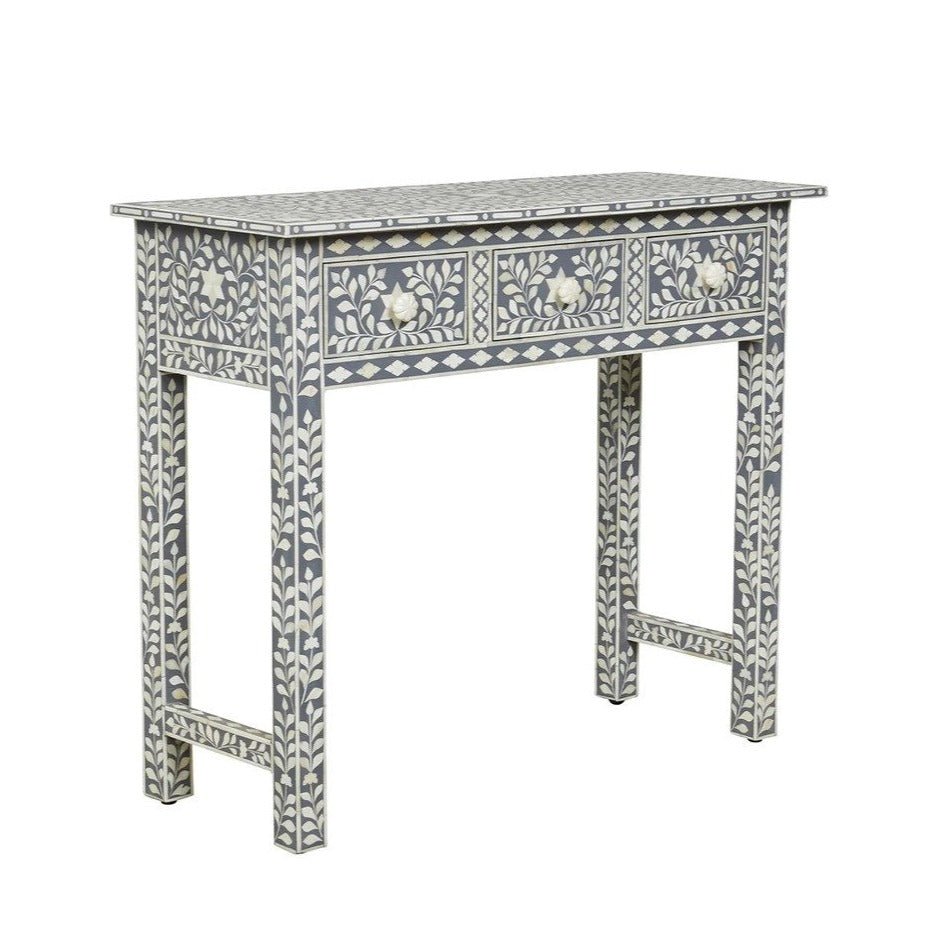 Handmade Gray Bone Inlay Floral Design Console Table with 3 Storage Drawers - Elegant Entryway Furniture for Hallway, Living Room & Foyer Decor