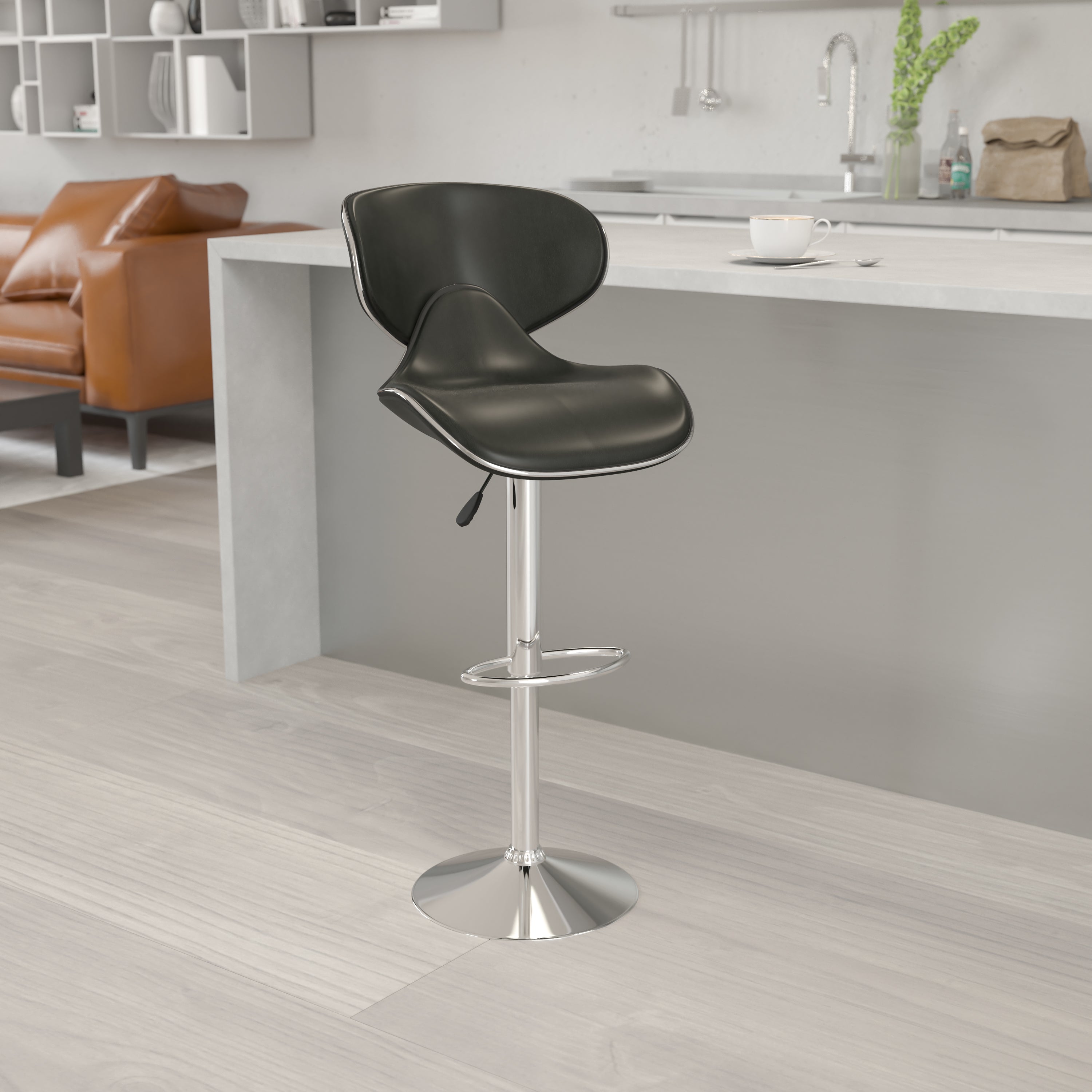 Devin Contemporary Adjustable Height Barstool - Black Vinyl Upholstery, Chrome Base - Modern Kitchen Island & Home Bar Stool for Dining & Entertaining