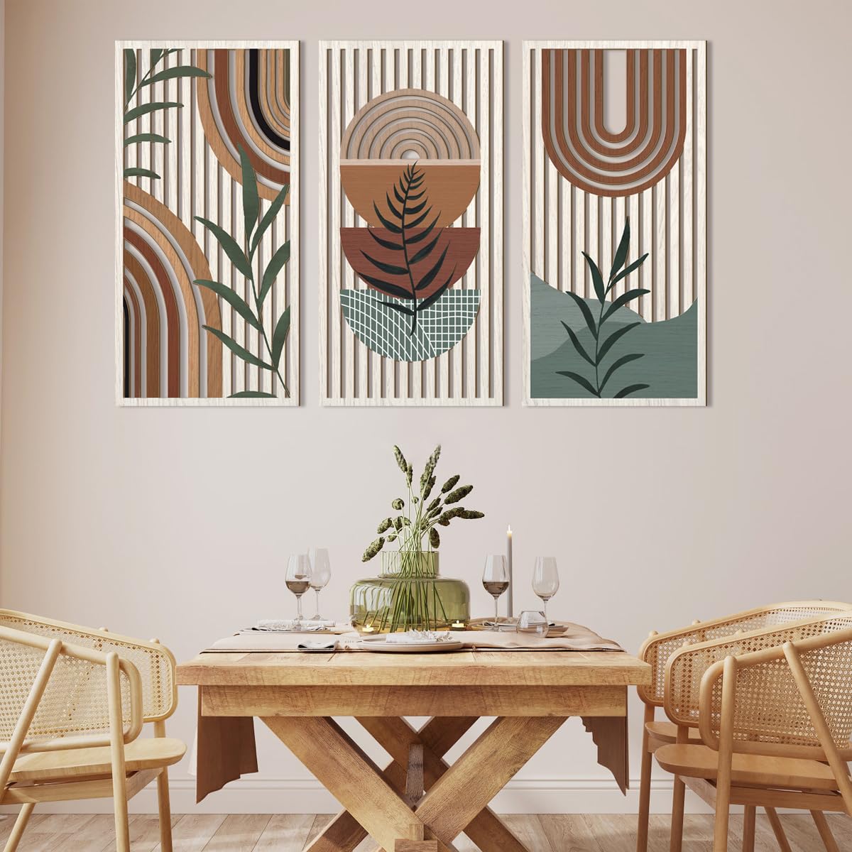 Large Abstract Geometric Wood Boho Wall Art Set - Mid Century Modern Wooden Wall Decor for Bedroom, Living Room & Office - 16