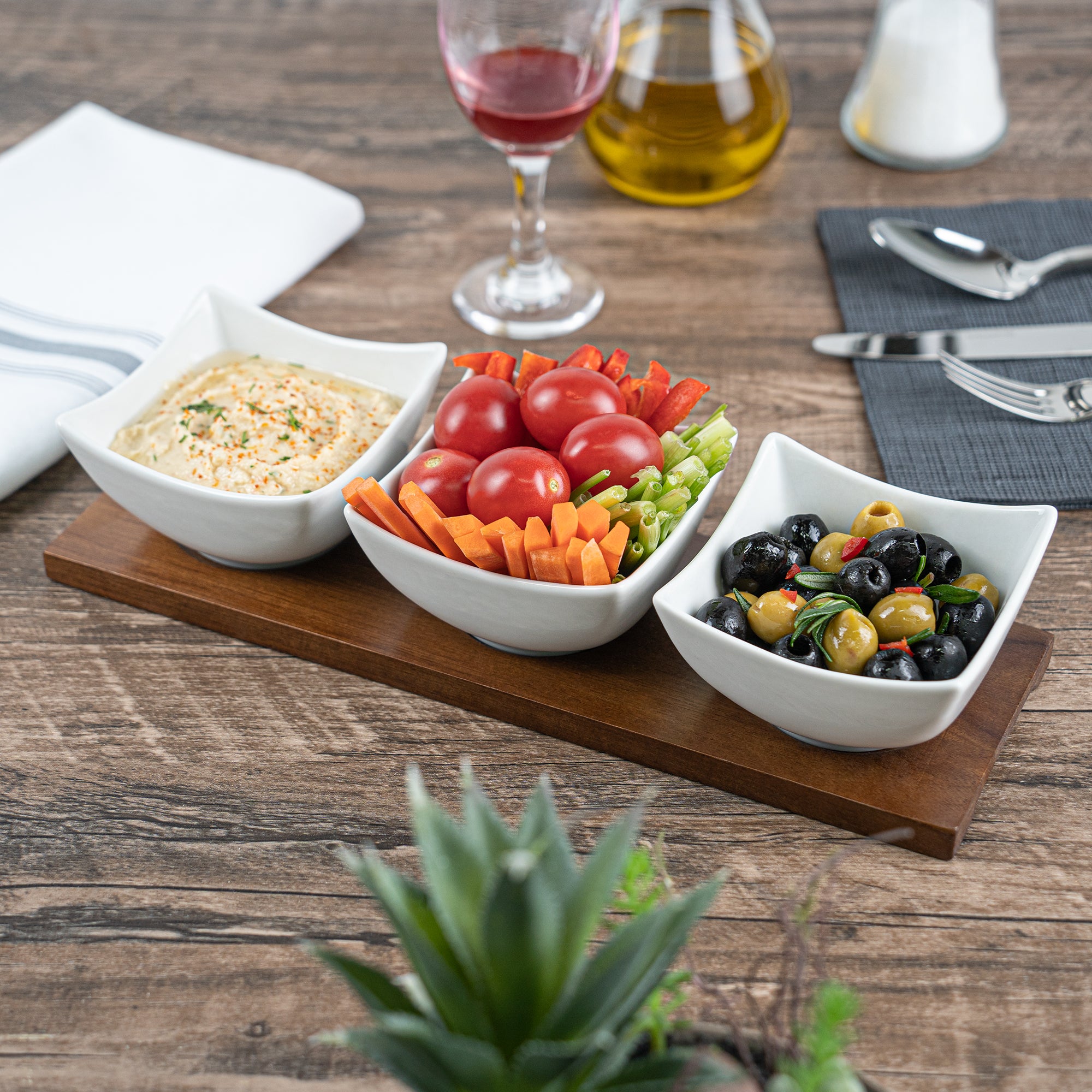 15 oz White Porcelain Cocktail Bowl Set with Bamboo Tray - 3 Rectangle Bowls (12x4x2.5 Inches) for Appetizers, Sushi & Party Snacks - Premium Dinnerware for Home & Restaurant Use
