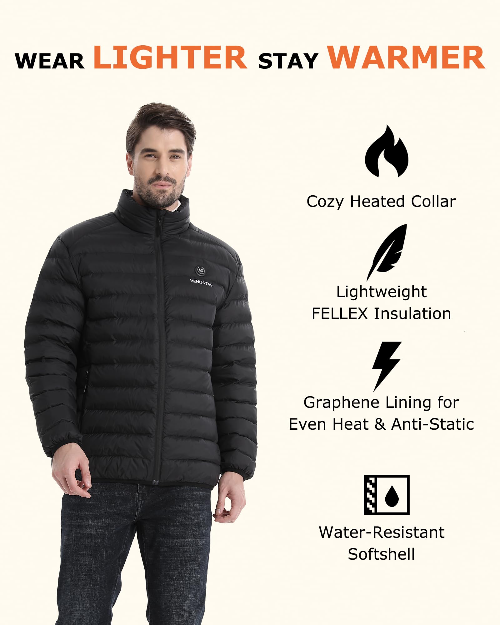 Venustas Men's Lightweight Heated Jacket with Rechargeable Battery - 6-Zone Electric Puffer Winter Coat for Outdoor Camping, Hiking, Skiing & Cold Weather Activities - Windproof & Water-Resistant Thermal Jacket for Men