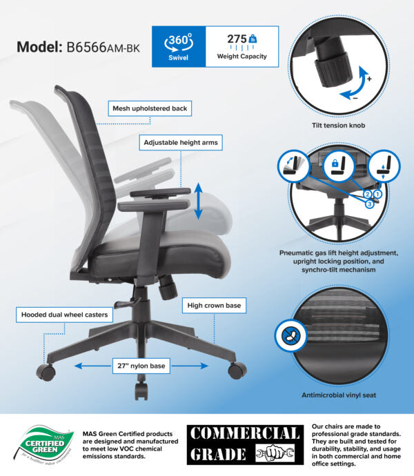 Boss B6566AM BK Horizontal Mesh Back & Antimicrobial Seat Ergonomic Task Chair for Office, Home, or Conference Room Use