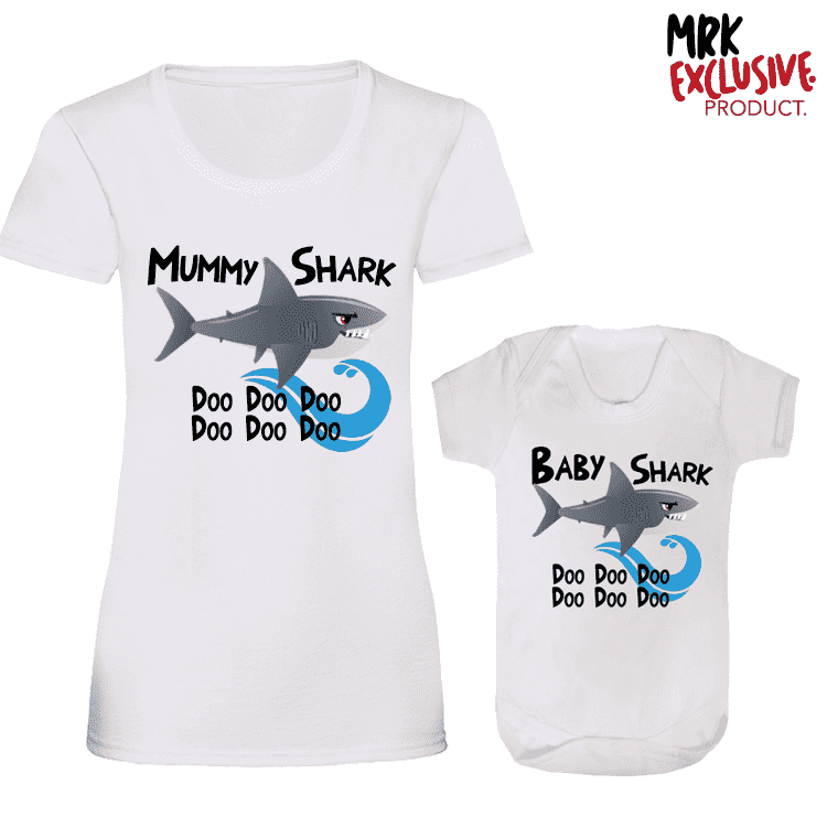 CL Shark Family Matching Mummy and Baby T-Shirt/Vest - White (MRK X) | Fun Mother & Child Outfits for Family Photos & Beach Days