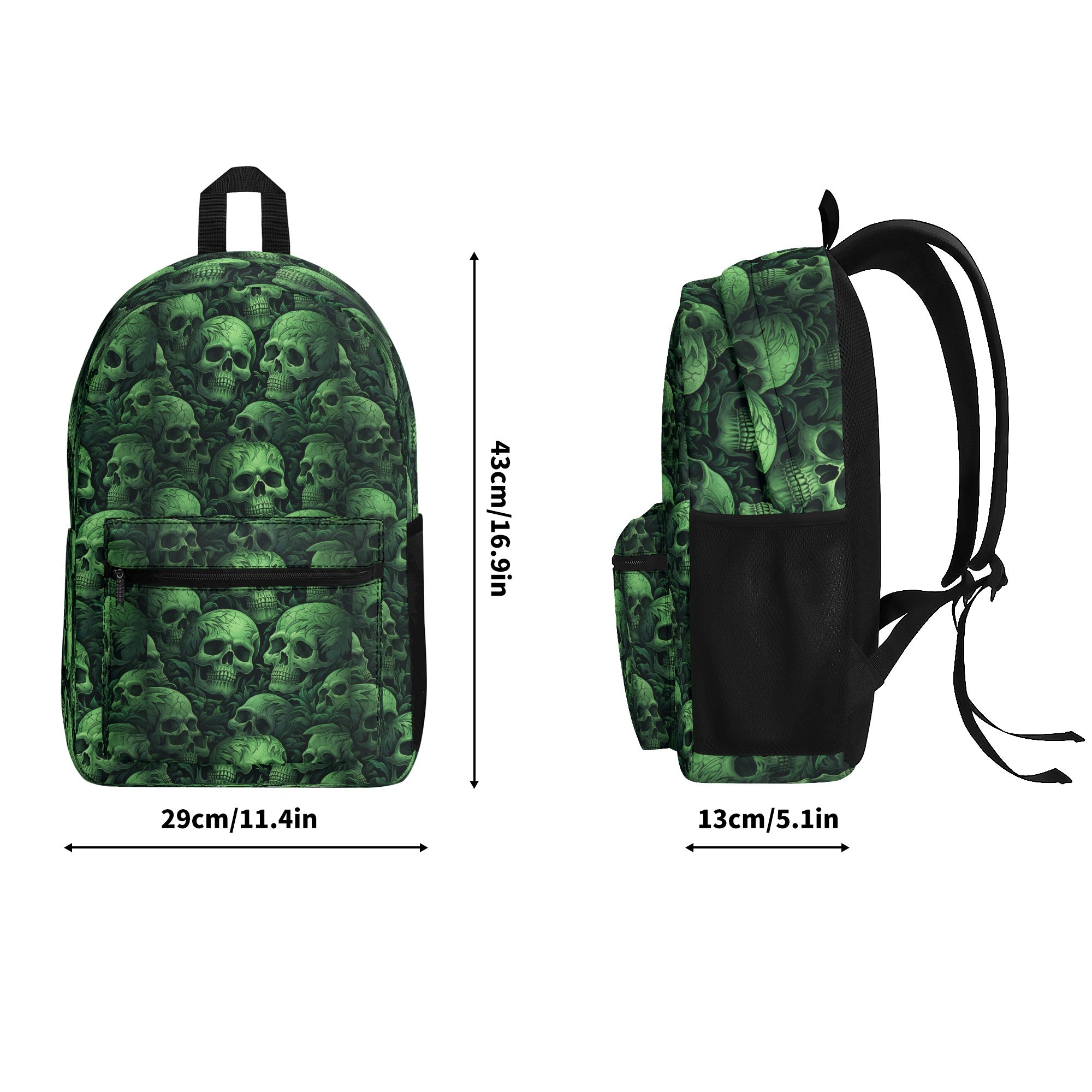 Vintage Green Skulls Polyester Backpack for Men & Women - Gothic Style Laptop Bag for College, Travel, and Everyday Use