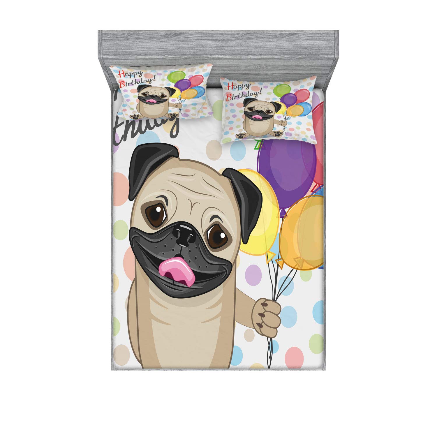 Ambesonne 3-Piece Birthday Bedding Set - Queen Size Fitted Sheet & Pillow Sham with Cute Smiling Pug Dog and Party Balloons Print, Multicolor Animal-Themed Decor | Perfect for Dog Lovers' Bedrooms, Birthday Gifts, and Themed Party Decorations