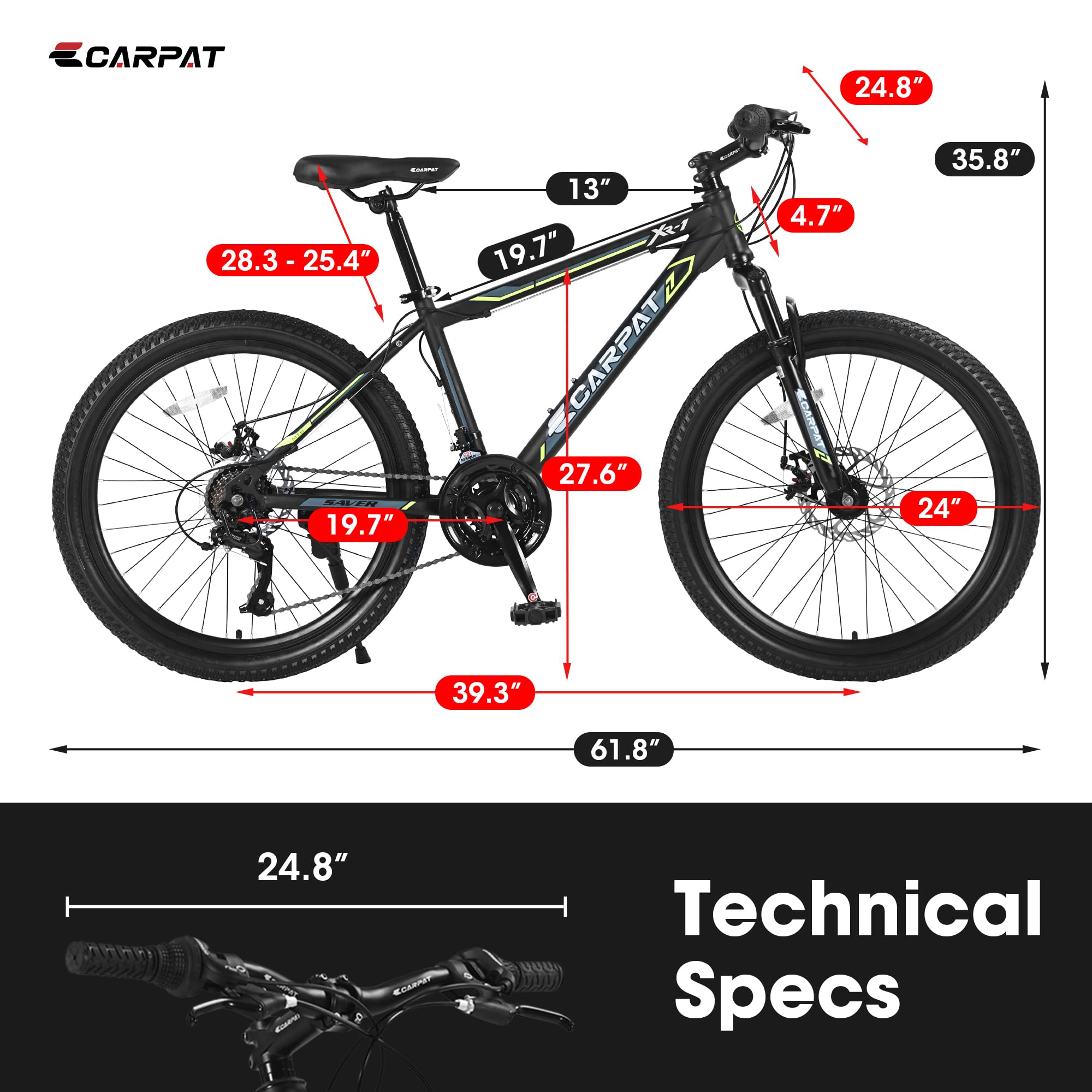 **24/26 Inch High Carbon Steel Mountain Bike - 21-Speed MTB with All-Terrain Tires, Suspension Fork & Dual Disc Brakes for Men & Women - Perfect for Trail Riding, Commuting & Outdoor Adventures**