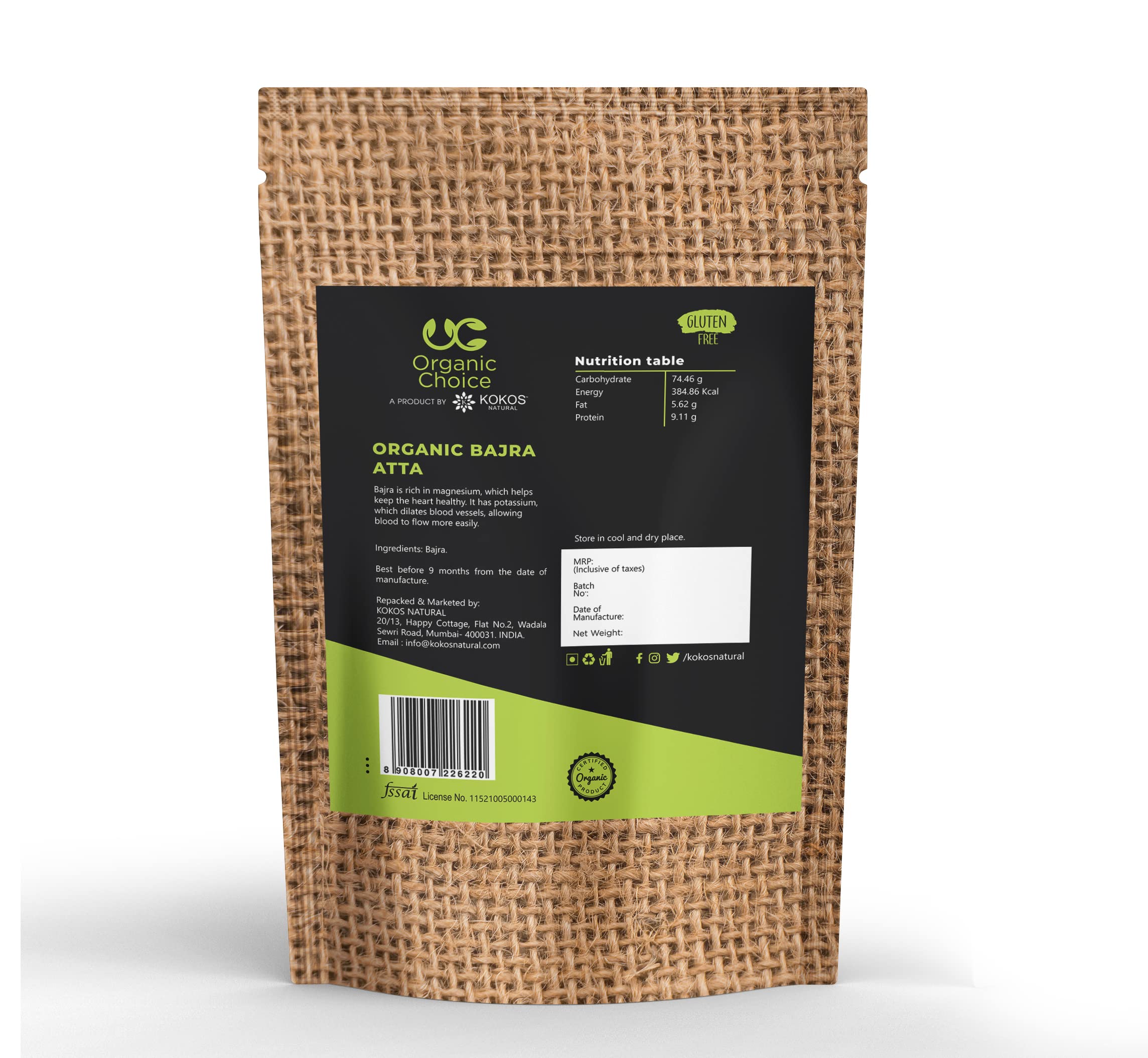 Organic Kokos Ayur Bajra Atta (Pearl Millet Flour) 1kg - USDA Certified, Gluten-Free, Rich in Fiber - Perfect for Roti, Dosa & Healthy Baking