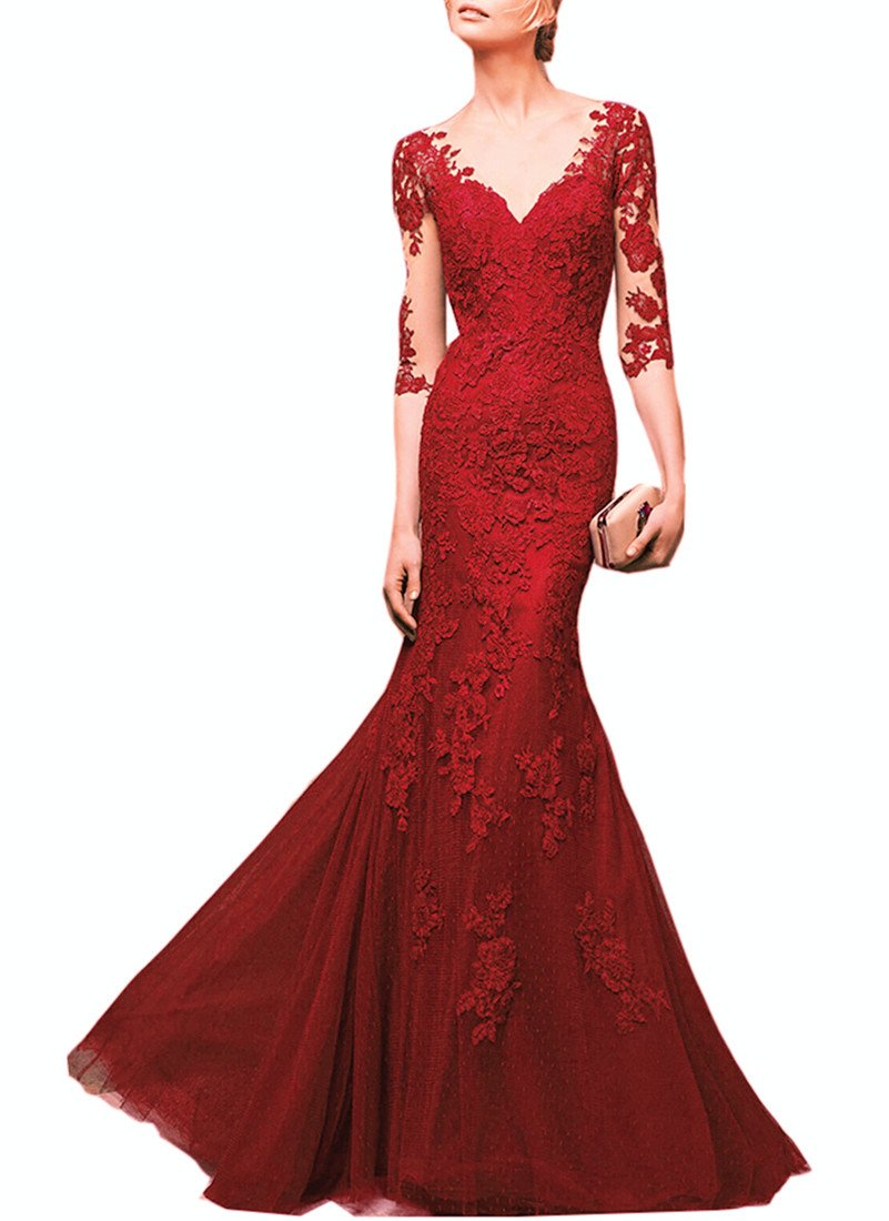 Emanni Women's Red V-Neck Mermaid Evening Gown with Long Sleeves - Elegant Formal Dress for Prom, Wedding Guest, Cocktail Party & Special Occasions