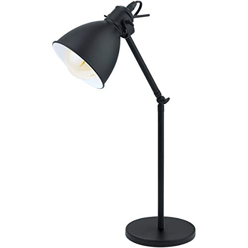 EGLO Priddy 1-Light Adjustable Desk Lamp - Black Finish with White Linen Shade - Modern Study Lamp for Office, Bedroom, or Reading Nook - Energy Efficient LED Desk Light