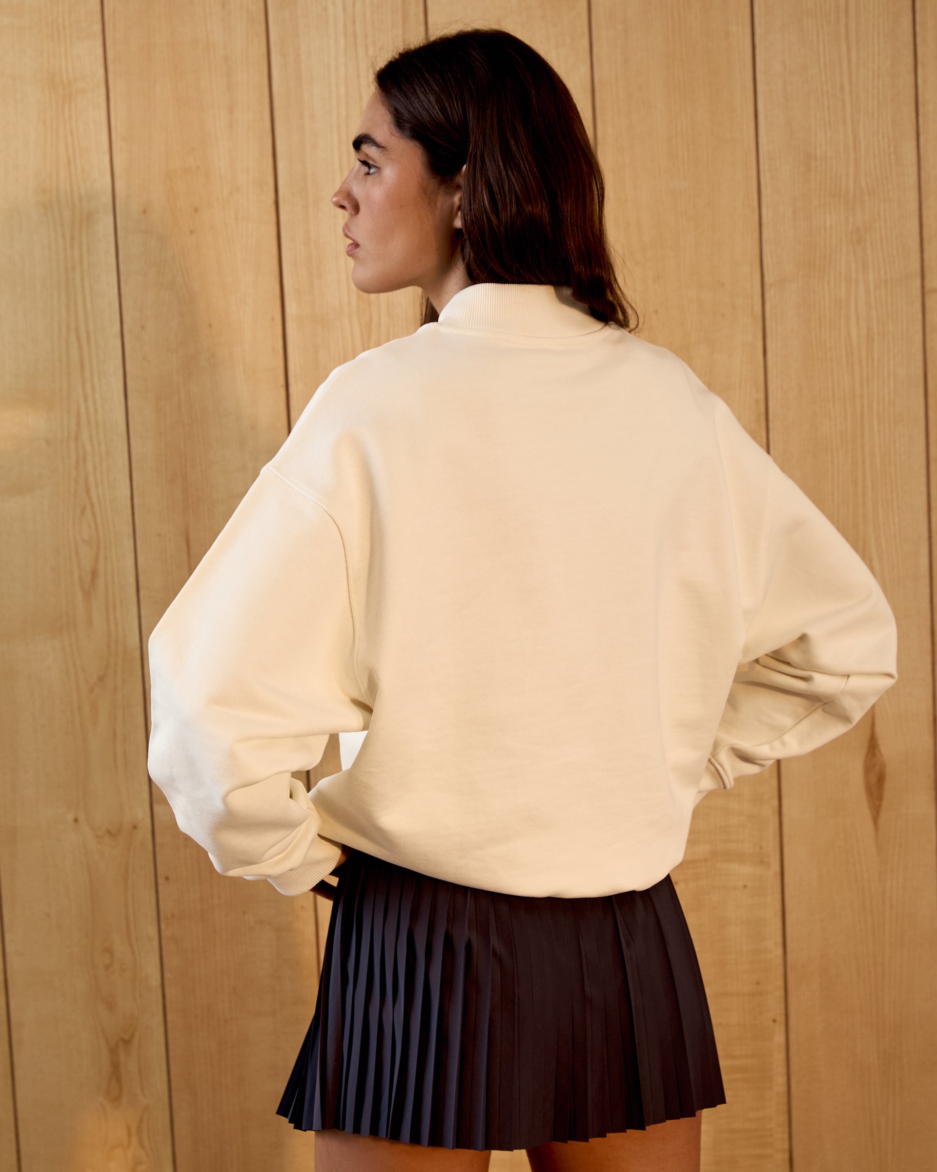 AS Bold High Neck Relaxed Sweatshirt for Women - Soft Cotton Oversized Pullover in Marshmallow White & Navy Blue | Casual Wear, Lounge Outfit, Street Style Fashion
