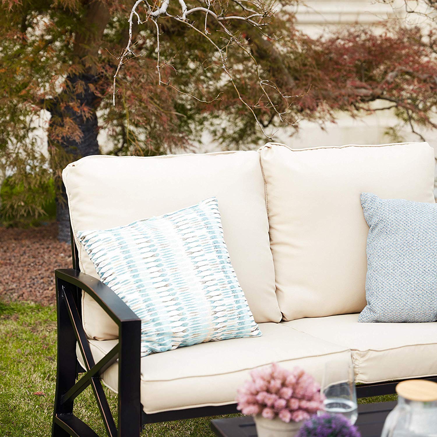 8-Piece Outdoor Patio Conversation Set with Loveseat, Cushioned Chairs, Coffee Table & Side Tables - Durable Metal Bistro Furniture for Garden, Backyard, Poolside & Terrace (Khaki)