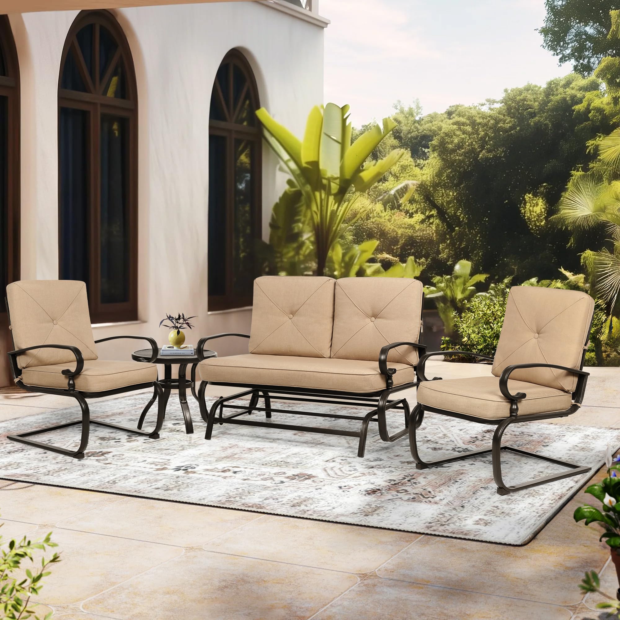 4Pcs Outdoor Metal Patio Furniture Set - Wrought Iron Glider, Bistro Table & 2 Spring Lounge Chairs (Brown) - Perfect for Garden, Backyard & Porch Relaxation