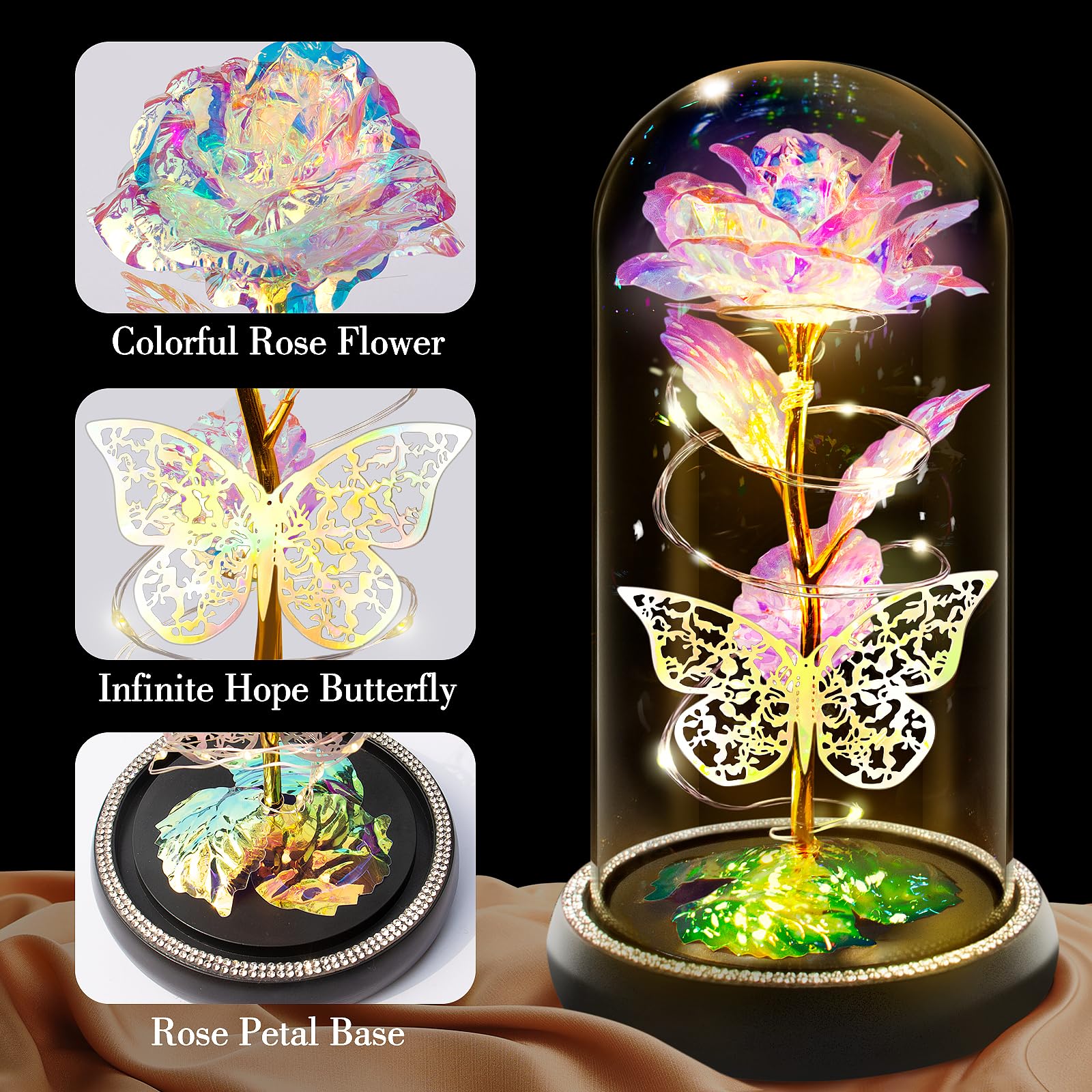 Eternal Rose in Glass Dome - Butterfly Rose Light Up Preserved Flower Gift for Women, Wife, Mom, Girlfriend | Birthday, Anniversary, Valentine's Day Present (Yellow) | Perfect for Home Decor, Bedroom Centerpiece, Romantic Surprise Gift