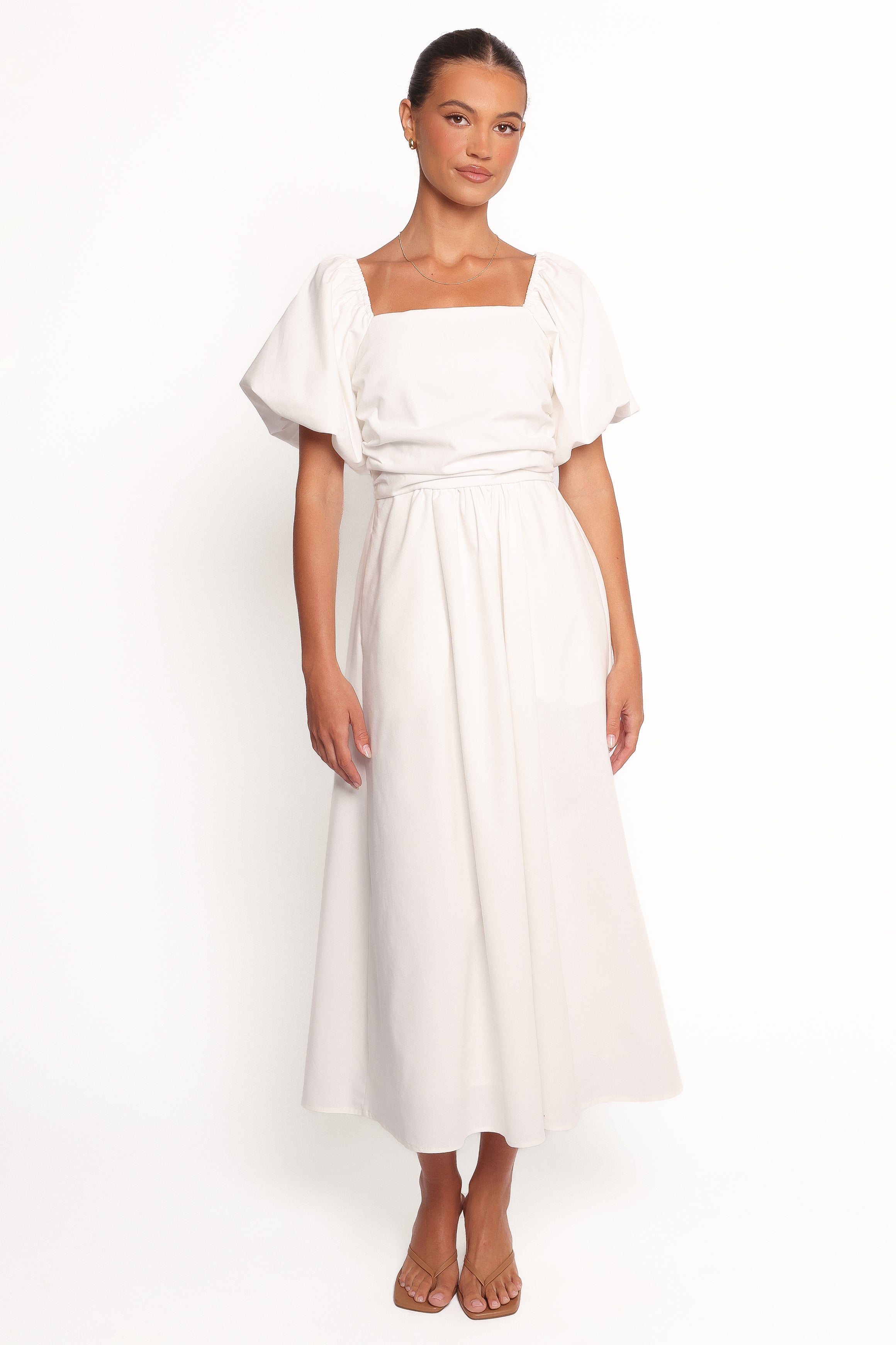 Elegant White Clo Puff Sleeve Midi Dress for Women - Perfect for Weddings, Parties & Special Occasions