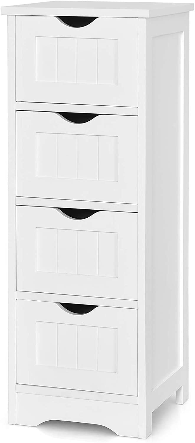 White Freestanding Bathroom Storage Cabinet with 4 Drawers & Anti-Tip Design - 12x12x32.5 Inch for Bathroom, Living Room, Home Office Organization | Space-Saving Solution for Towels, Toiletries & Home Essentials