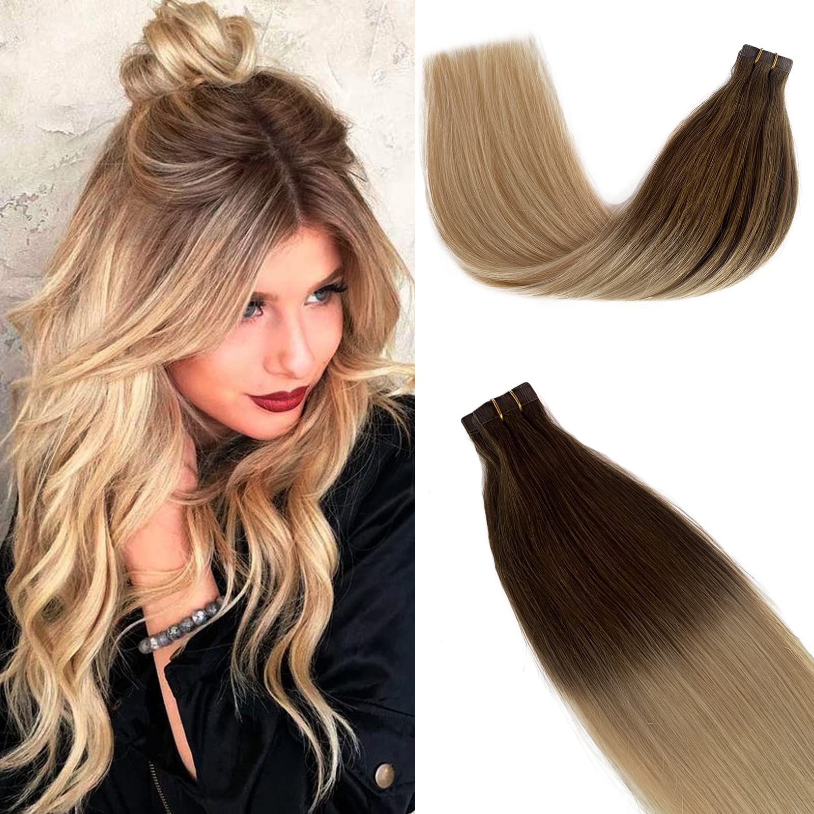 Ombre Blonde Tape-In Hair Extensions - Ash Brown to Platinum Blonde - 20pcs 30g 16
