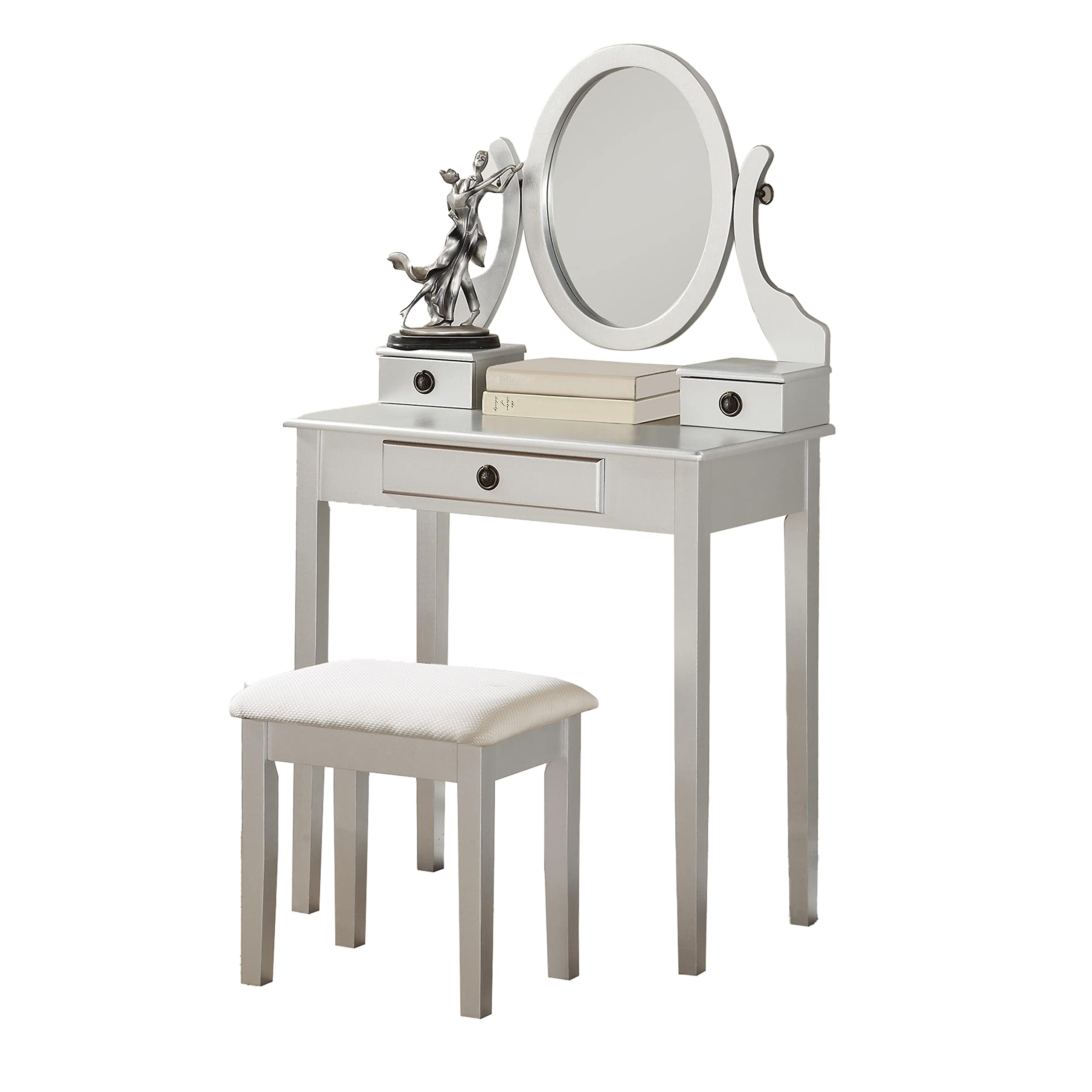 Roundhill Furniture Moniys Wooden Makeup Vanity Table with Stool Set - Silver Finish | Elegant Dressing Table for Bedroom, Bathroom & Beauty Salon | Perfect for Makeup, Skincare & Hair Styling