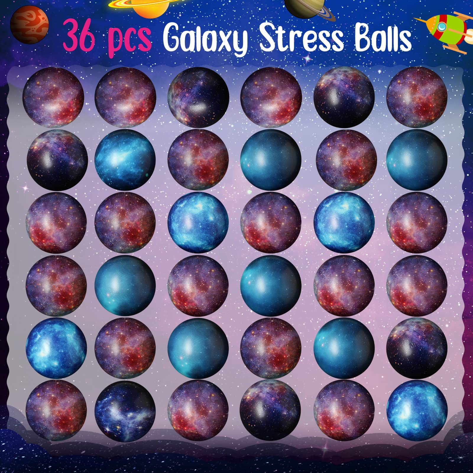 36 Pack Galaxy Stress Balls with Valentine's Day Cards - Space Themed Classroom Exchange Gifts for Kids, Teachers & Coworkers - Perfect for Valentine's Parties, School Events & Office Celebrations
