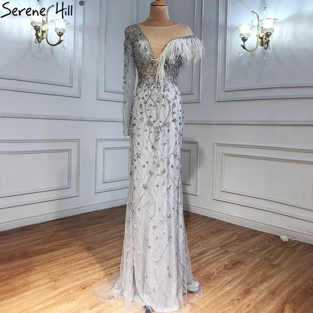 Elegant Grey Mermaid Evening Gown with Feather & Beaded Details - Women's Luxury Party Dress for Prom, Gala & Special Occasions