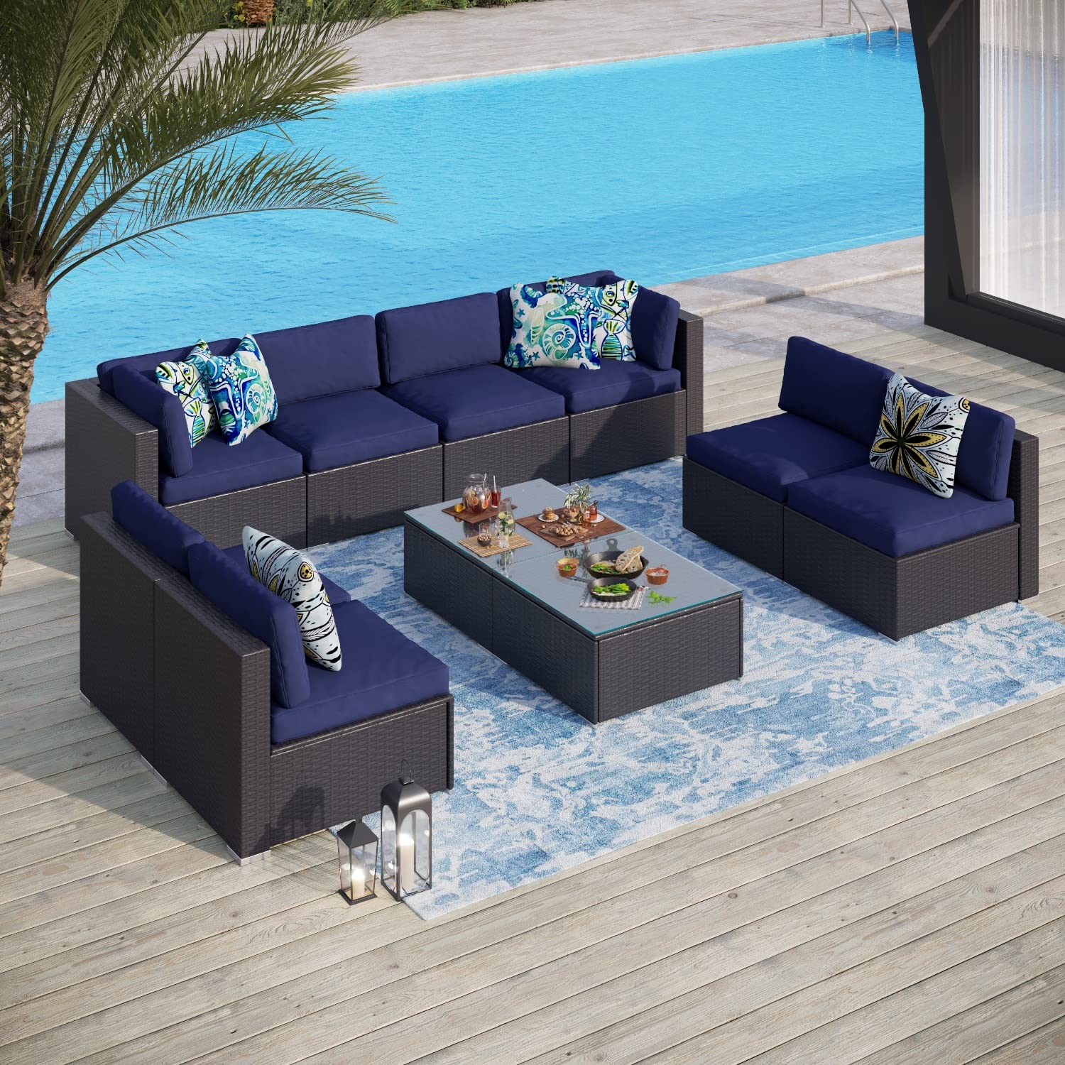 PHI VILLA 10-Piece Outdoor Patio Furniture Set - Navy Blue Wicker Sectional Sofa with Low Back Rattan Design, Includes Coffee Table, Washable Cushions & Clips - Perfect for Large Backyard, Poolside or Garden Conversation Area