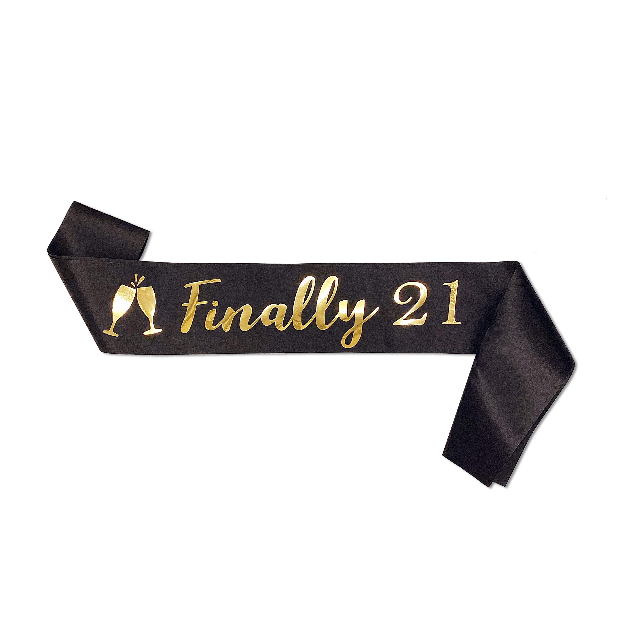 Black Satin 'Finally 21' Birthday Sash with Gold Glitter Lettering - Elegant 21st Birthday Party Favors, Decorations & Supplies for Women's Milestone Celebration