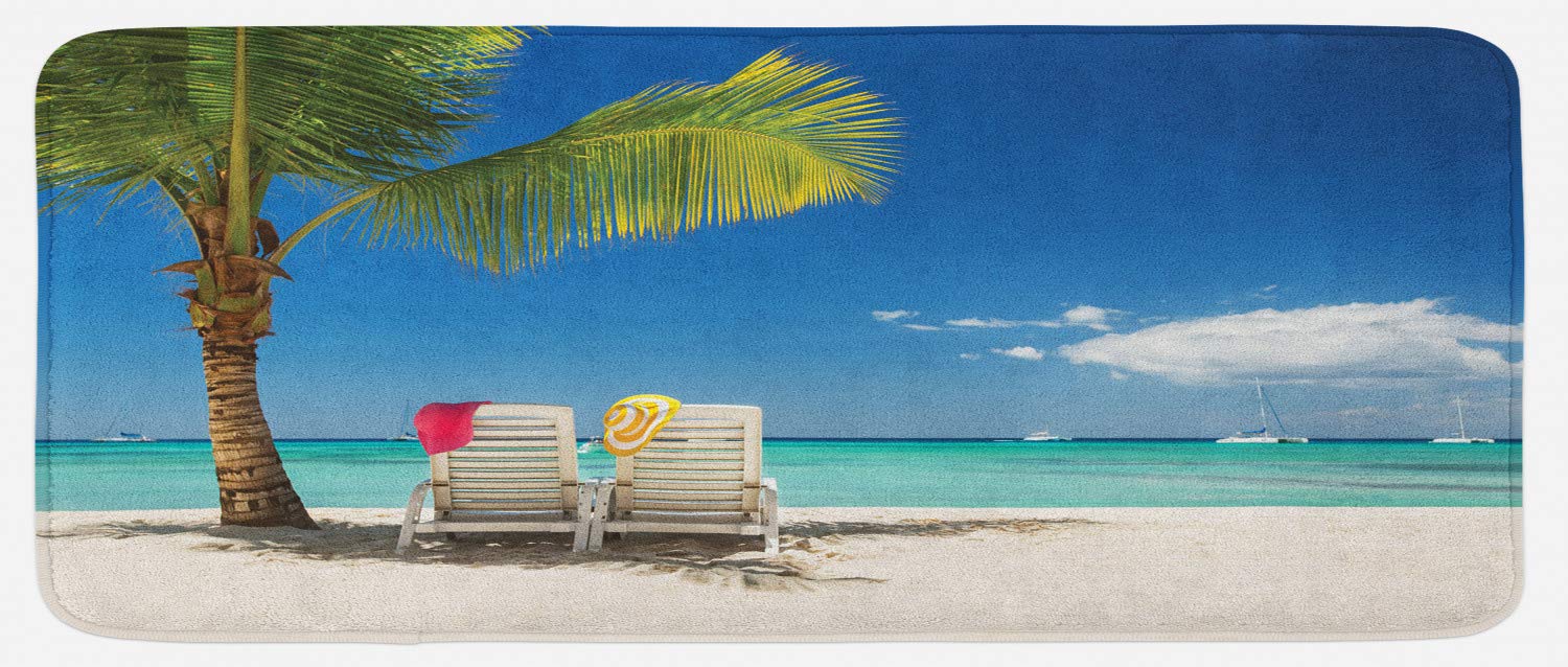 Ambesonne Non-Slip Kitchen Rug - 47x19 Inch Plush Seaside Vacation Mat with Beach Palm Tree & Boat Panoramic Design, Blue Green Decorative Floor Mat for Kitchen, Bathroom, or Entryway | Perfect for Coastal Home Decor