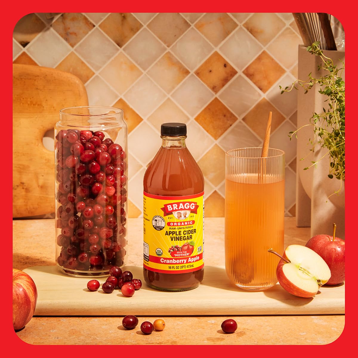 Bragg Organic Apple Cider Vinegar with Cranberry & Apple Blend - Raw, Unfiltered with The Mother - 16 fl oz - Supports Digestion & Immune Health - Perfect for Salad Dressings & Detox Drinks