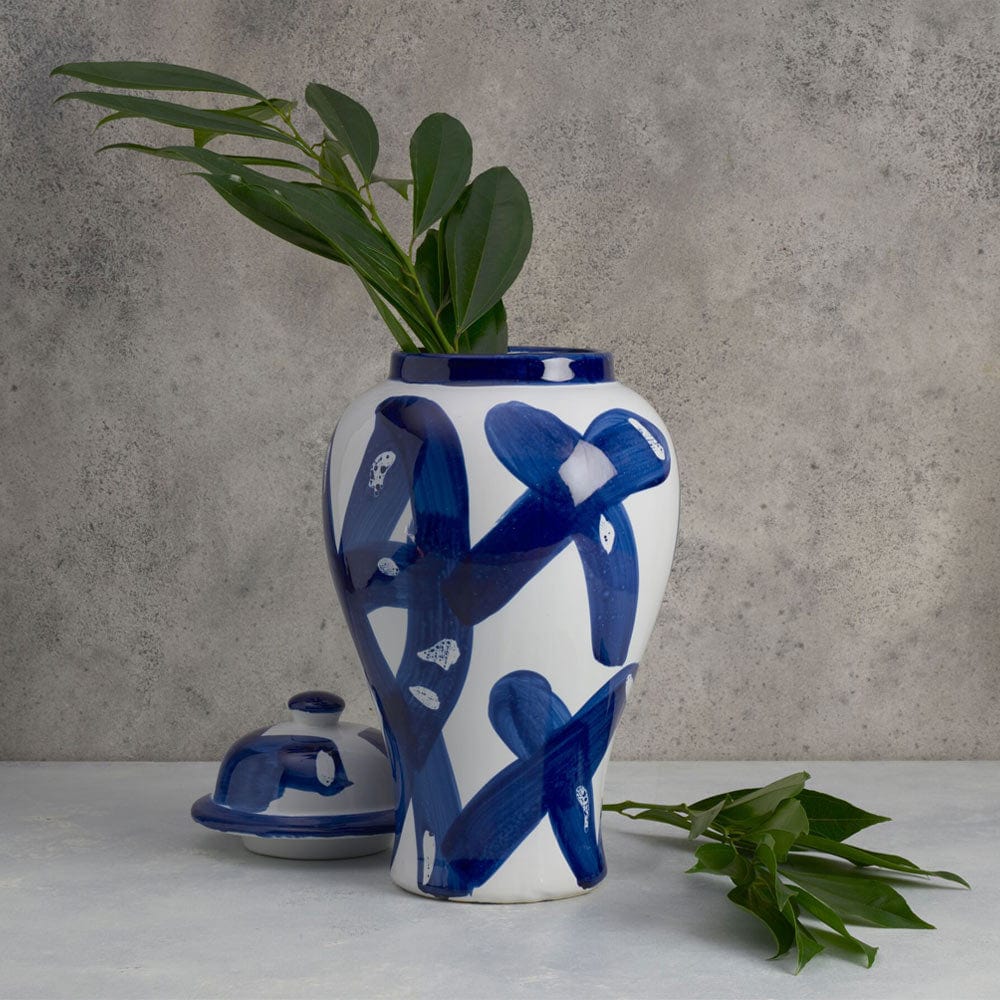 Handmade Paint Stroke Decorative Ceramic Canister Vase - Modern Boho Home Decor for Living Room, Bedroom & Office Centerpiece