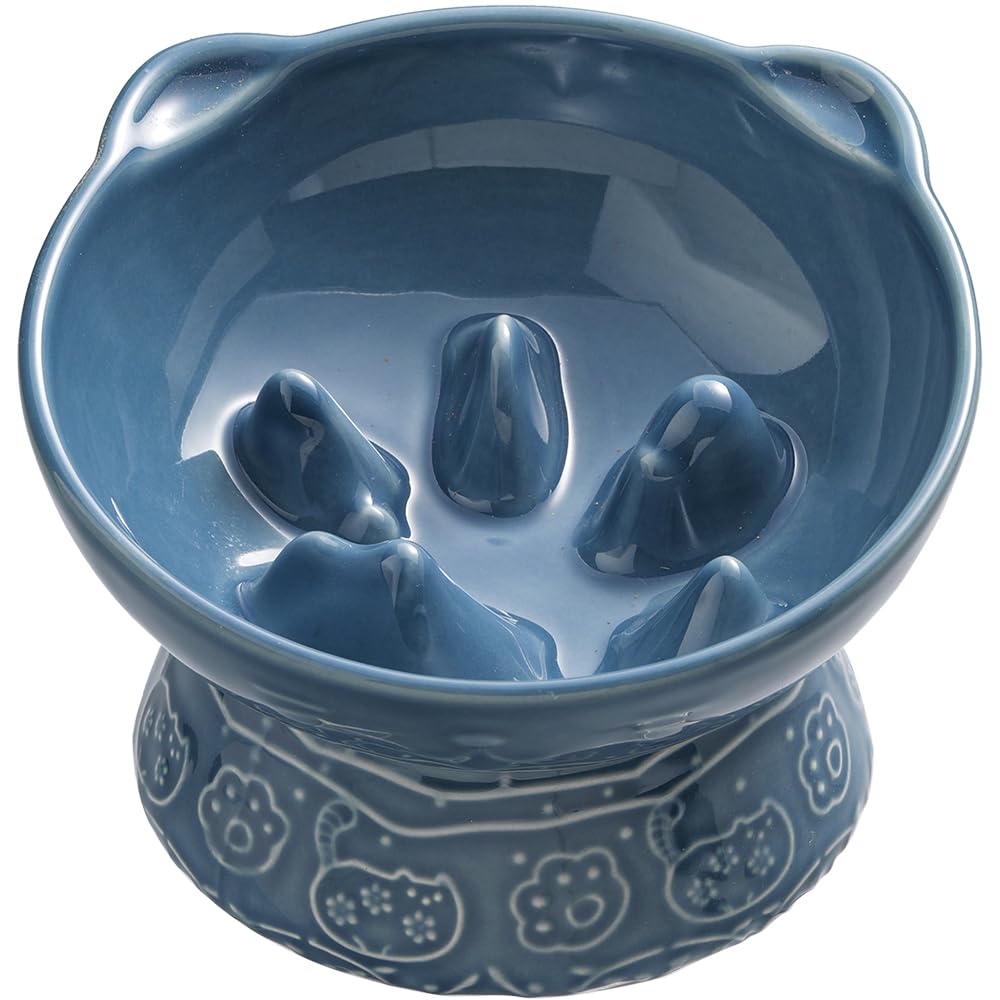 Ceramic Cat Slow Feeder Bowl - Elevated Tilted Design for Healthy Eating, Prevents Black Chin in Cats & Dogs - Perfect for Dry and Wet Food (Blue) - Ideal for Fast Eaters & Digestive Health at Home
