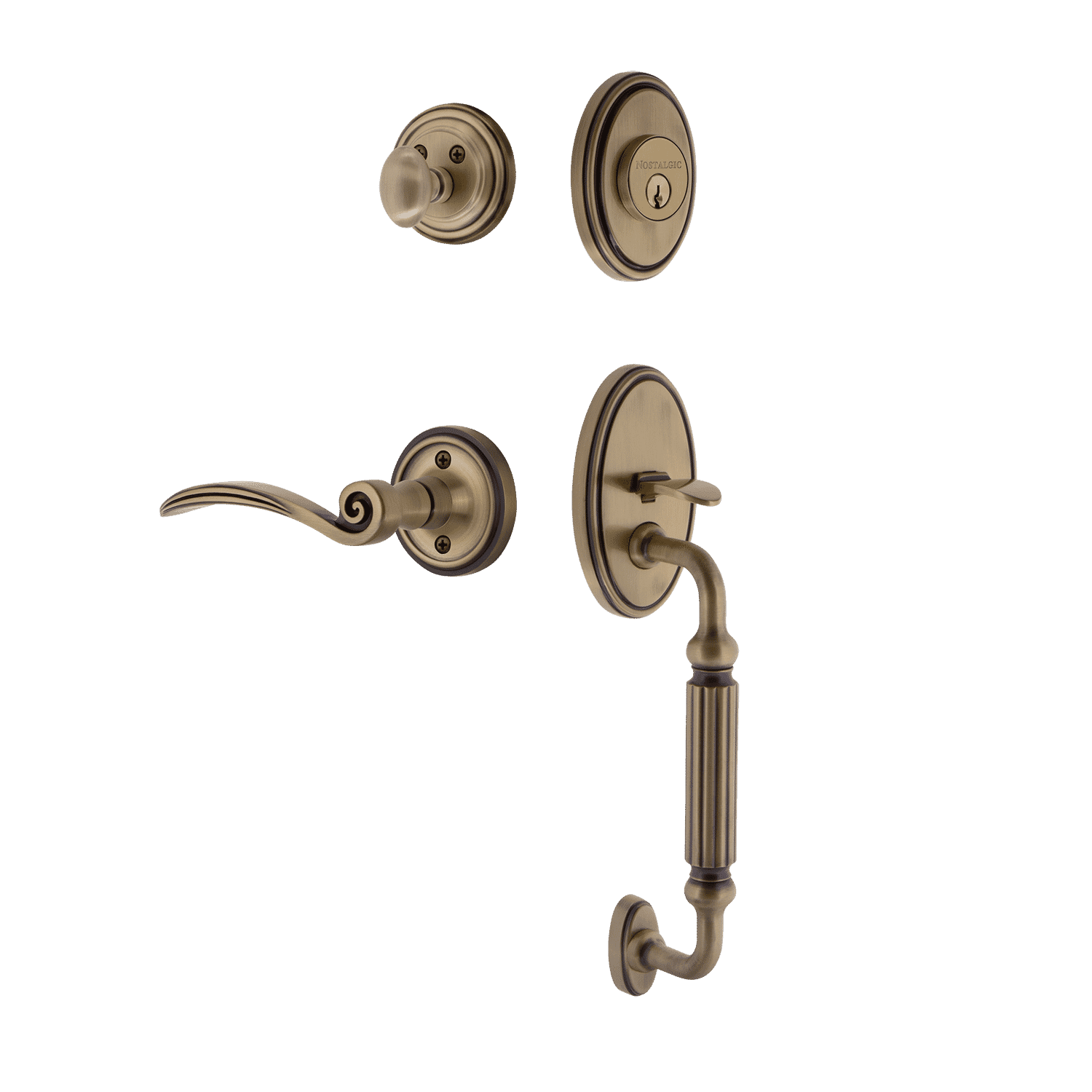 Vintage Antique Brass Door Handleset with F Grip & Swan Lever - Classic Rosette Design for Traditional Home Interiors | Perfect for Entry Doors, Bedrooms & Office Spaces