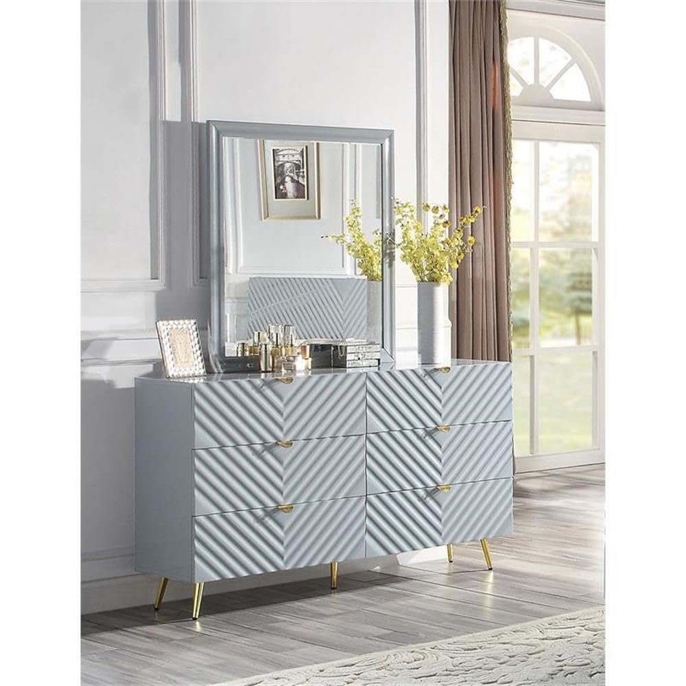 Acme Gaines Rectangle Wooden Frame Mirror - Gray High Gloss Finish - Modern Home Decor for Bedroom, Bathroom & Entryway