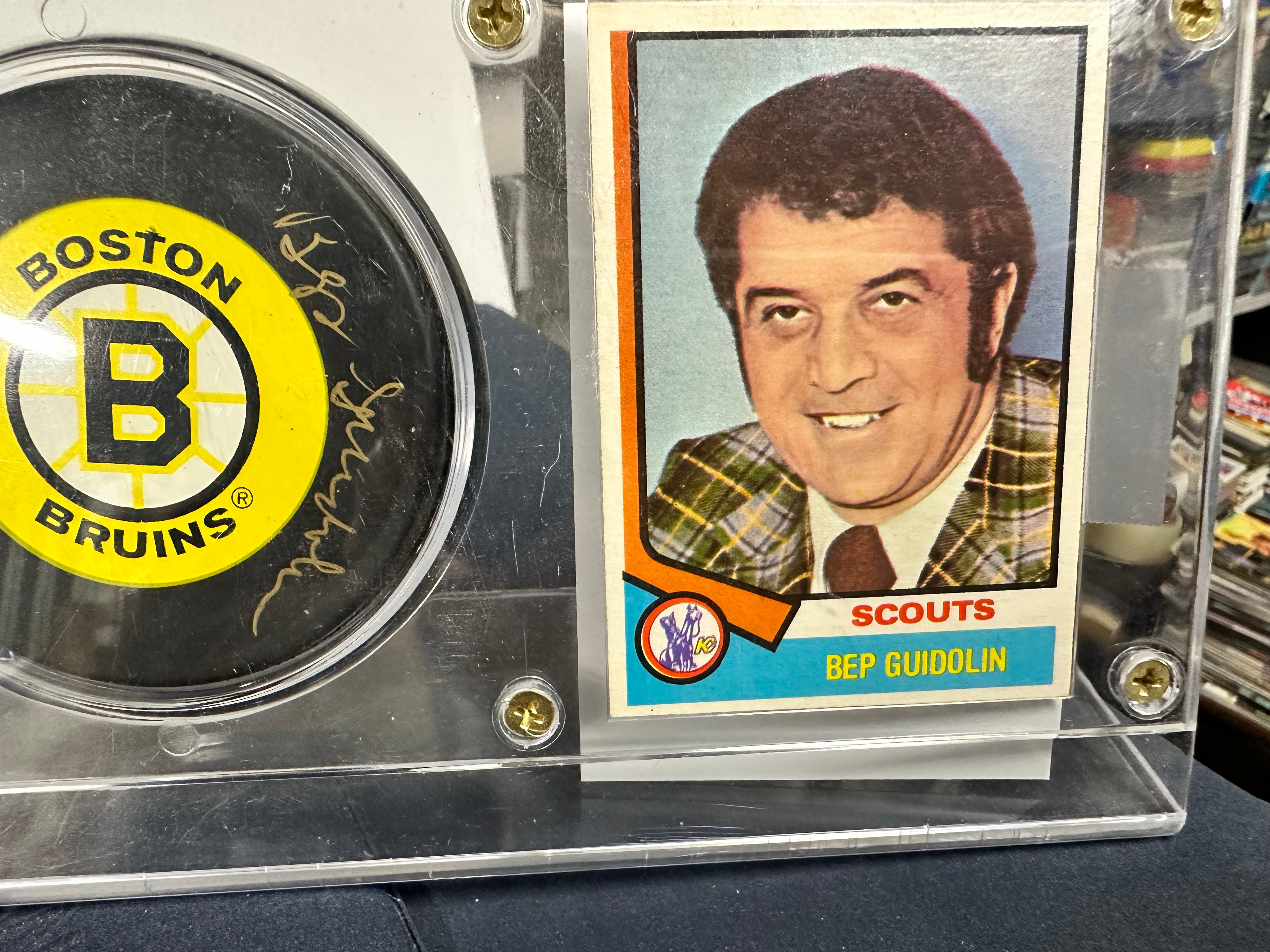 Authentic Bep Guidolin Rare Signed Hockey Puck & Card Set with COA - Perfect for NHL Collectors & Hockey Memorabilia Fans