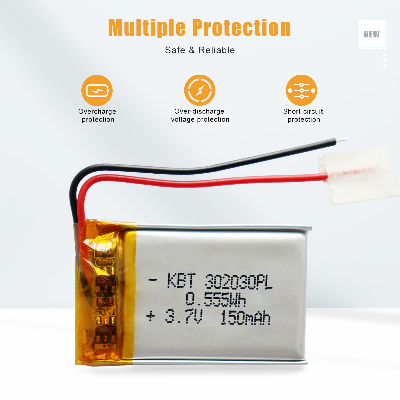 KBT 3.7V 150mAh 302030 Rechargeable Li-Polymer Battery - 2 Pack Replacement for Small Electronics | Perfect for Wireless Earbuds, Mini Drones & Smart Watches