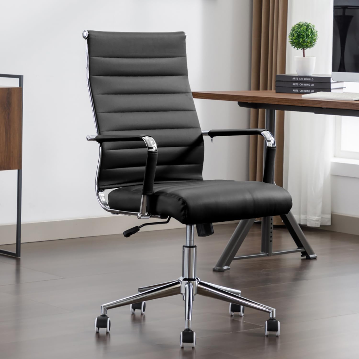 Premium Ergonomic Office Chair - Leather Executive Desk Chair with Wheels, Modern Ribbed Design for Conference Rooms & Home Offices (Black) - Ideal for Long Work Hours & Professional Workspaces
