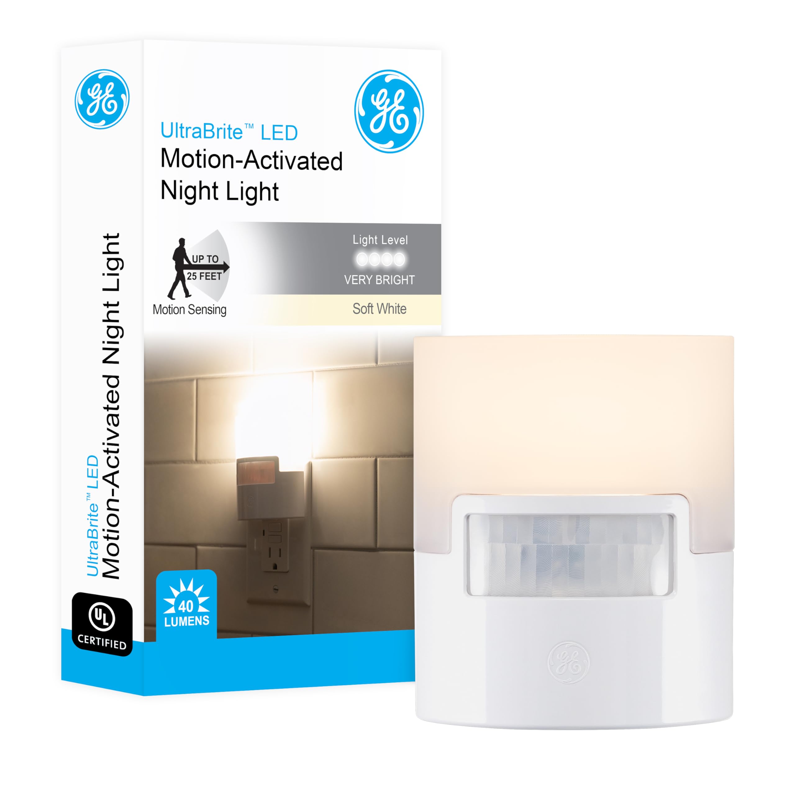 GE LED Motion Sensor Night Light - 40 Lumens Soft White Plug-in Wall Light, UL Certified Energy Efficient Nightlight for Bedroom, Bathroom, Kitchen & Hallway (White, 1 Pack) - Perfect for Safe Nighttime Navigation and Child Safety