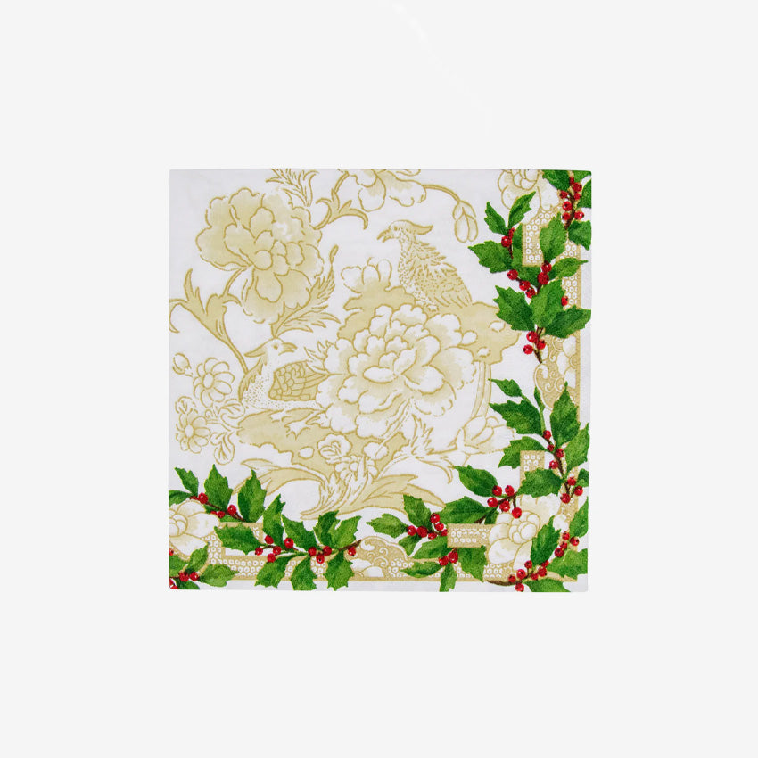 Caspari Holly Ceramic Ivory & Gold Napkin Rings - Elegant Holiday Table Decor for Christmas & Dinner Parties