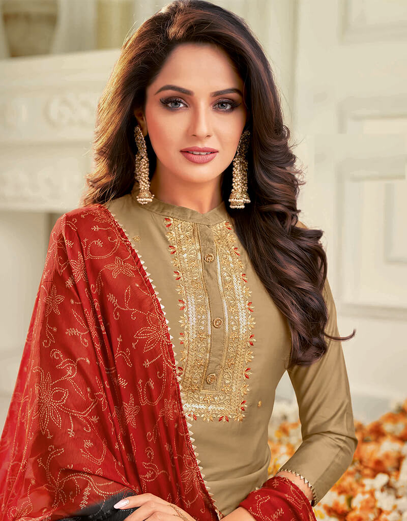 Elegant Beige Chanderi Cotton Chudidar Salwar Suits for Women | Traditional Indian Ethnic Wear | Perfect for Weddings, Festivals & Special Occasions