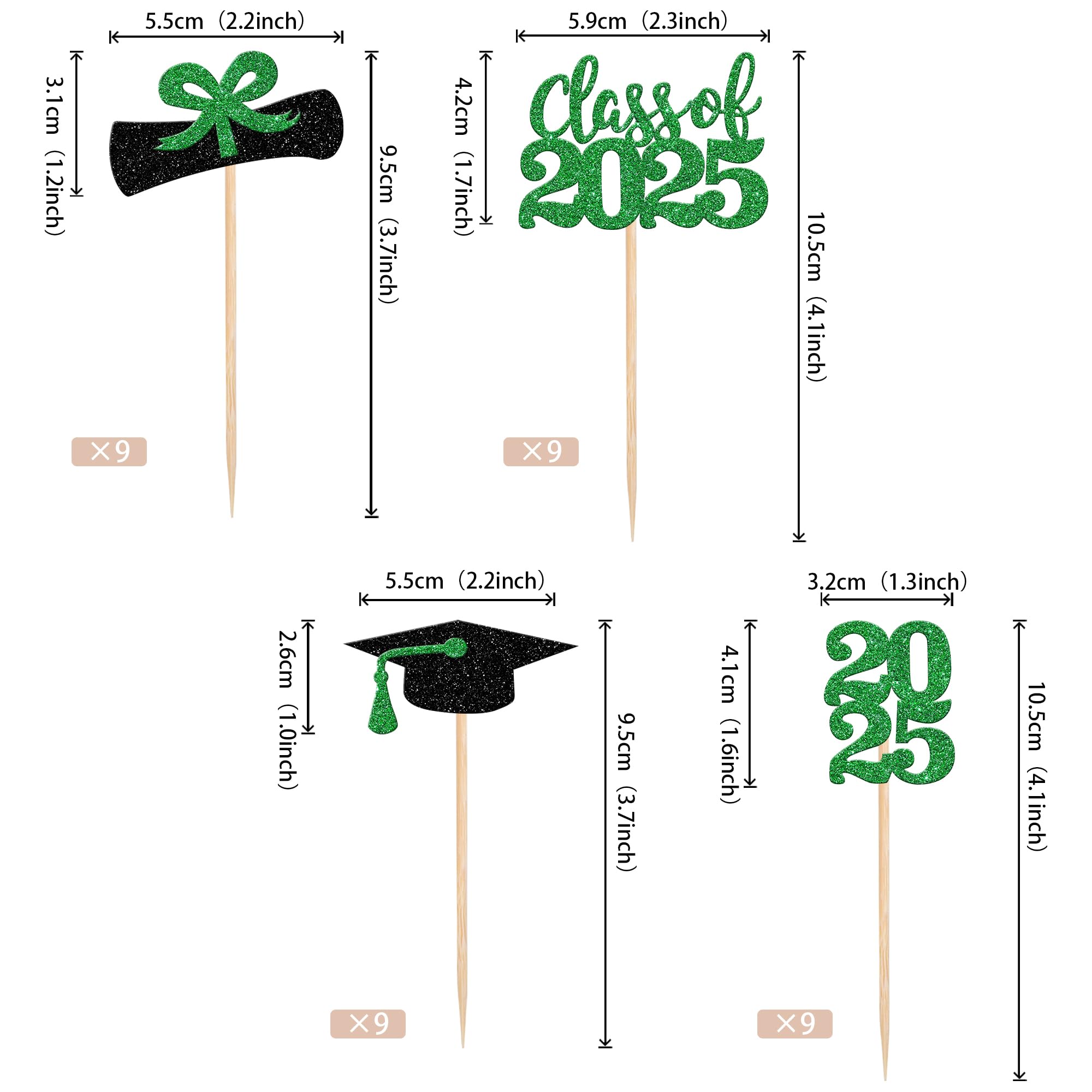 36 PCS 2025 Graduation Cupcake Toppers - Glitter Class of 2025 Caps & Diplomas Cake Decorations - Green Graduation Party Supplies for High School & College Celebrations, Birthday Cakes, Dessert Decor