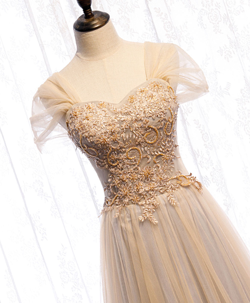 Elegant Champagne Sweetheart Tulle Lace Long Prom Dress for Formal Events - Perfect for Homecoming, Wedding Guest & Evening Gala