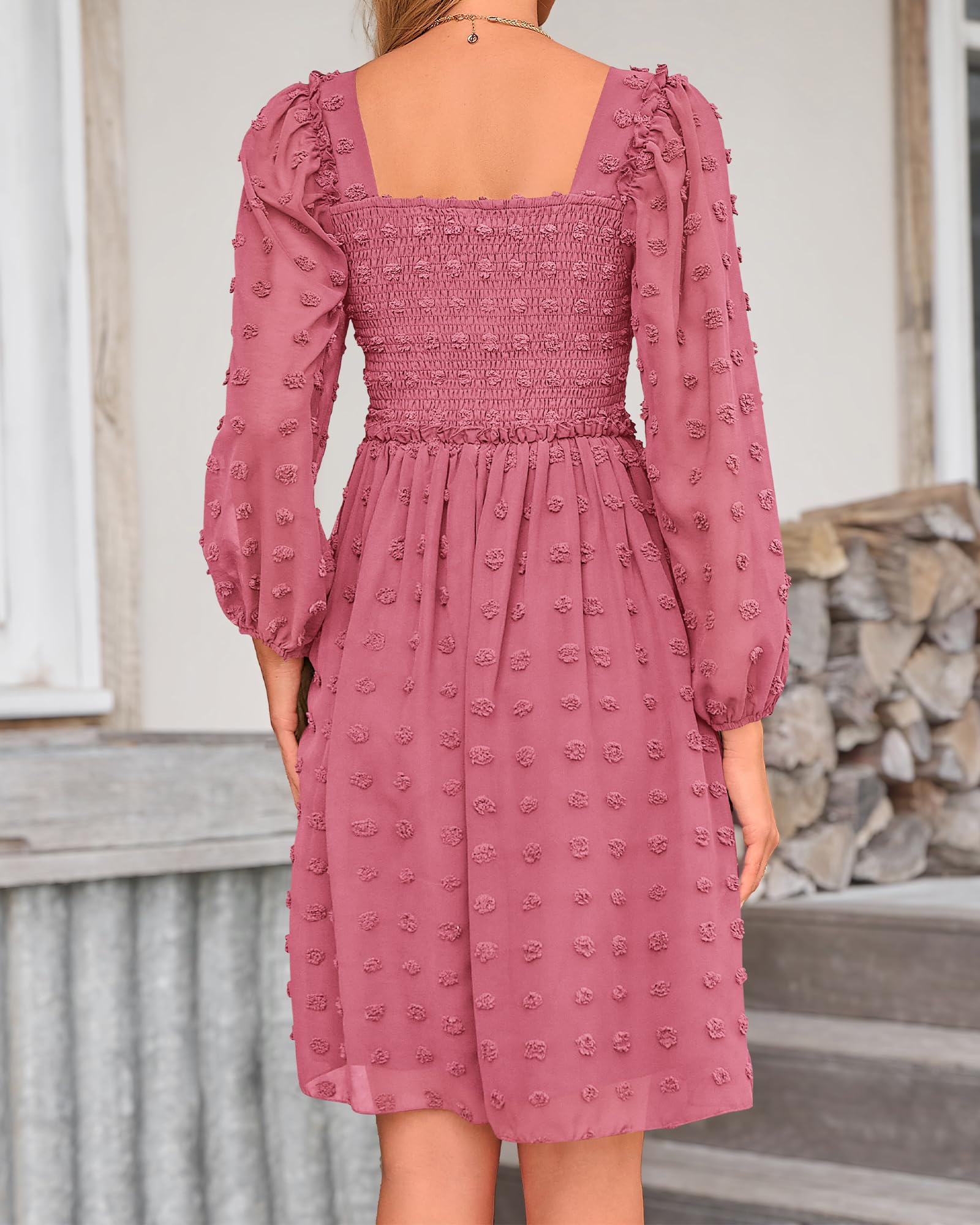 BTFBM Women's Floral Swiss Dot Smocked Mini Dress - Square Neck, Long Sleeve Boho Wedding Guest Dress for Spring & Summer 2025 | Perfect for Garden Parties, Bridal Showers & Romantic Dates