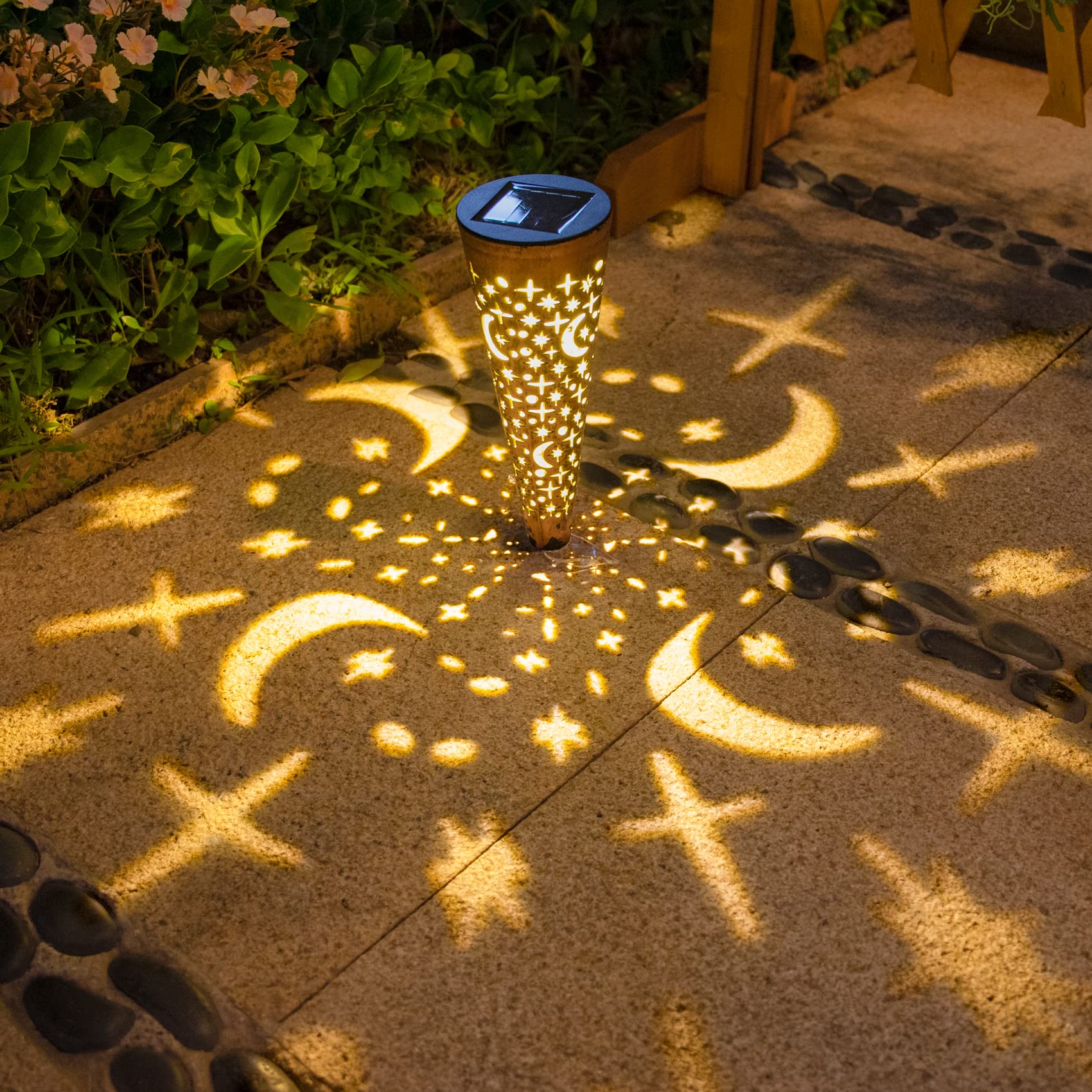 6-Pack Moon Star Solar Garden Lights + 2-Pack Sun Moon Solar Lanterns - Waterproof Outdoor Solar Lights for Pathway, Yard, Patio, Garden Decoration (Warm White) - Perfect for Backyard, Walkway, Landscape Lighting