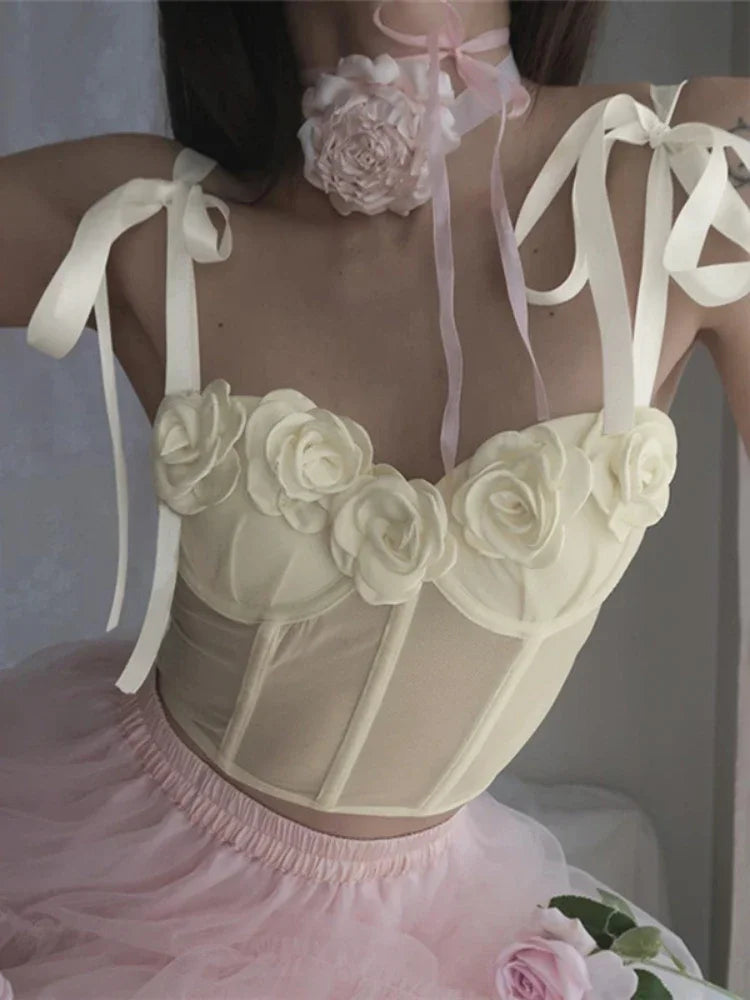 3D Floral Applique Tie-Up Bustier Corset Top - Y2K Fairycore See-Through Mesh Sexy Crop Top for Women | Perfect for Music Festivals, Rave Outfits & Boho Fashion 2023