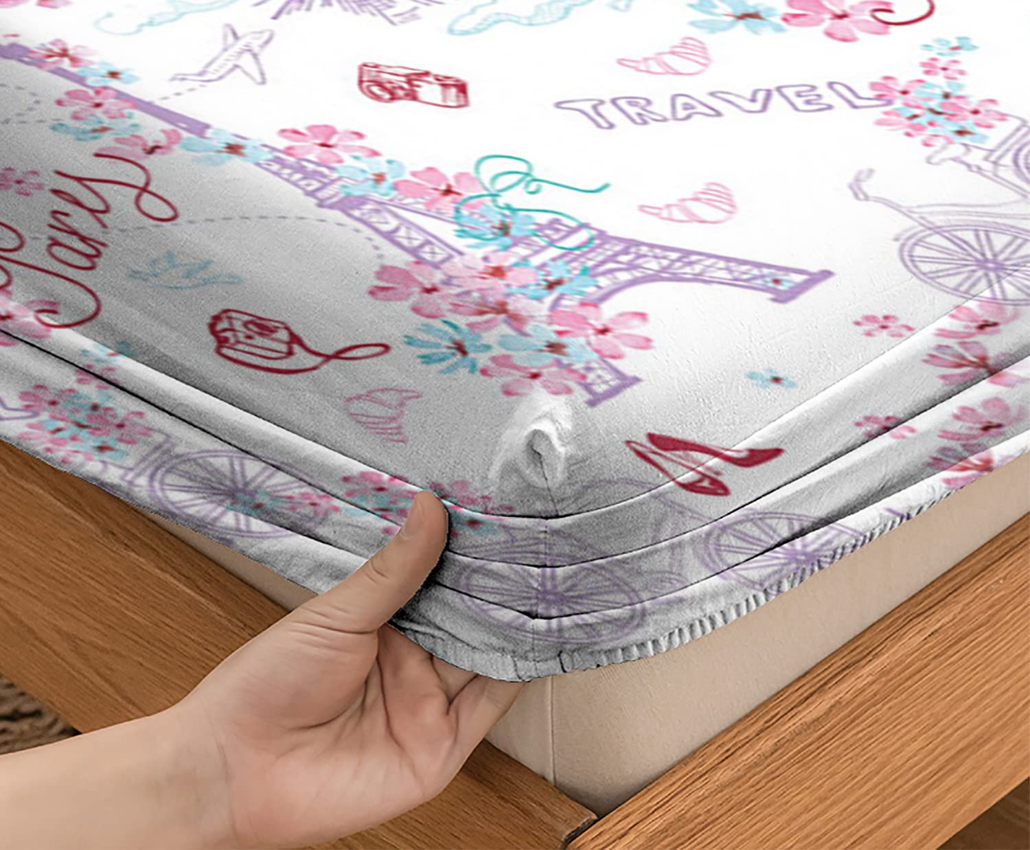 Romantic Eiffel Tower & Floral Printed Twin/Twin XL Fitted Sheet Set - Ultra Soft, Breathable 2-Piece Bedding Decor - Perfect Fit for Mattress (Pale Blue) | Ideal for Paris-Themed Bedrooms, Guest Rooms & Dorm Decorations